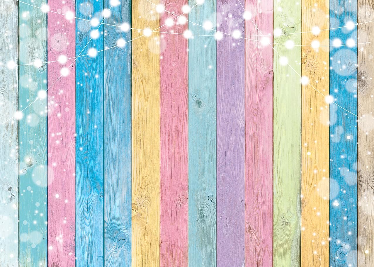 INRUI Colorful Wood Photography Backdrop Easter Pastel Colorful Wood Kids Birthday Baby Shower Party Decorations Banner (10x8FT)