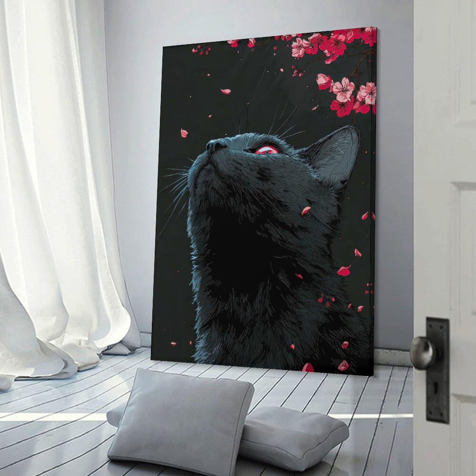 Junmoney Home Decor Wall Art Black Cat with Red Eyes And Cherry Blossoms, 08x12inch(20x30cm), for New Homes, Bedrooms Or Workspaces, Decorative Present for New Homes