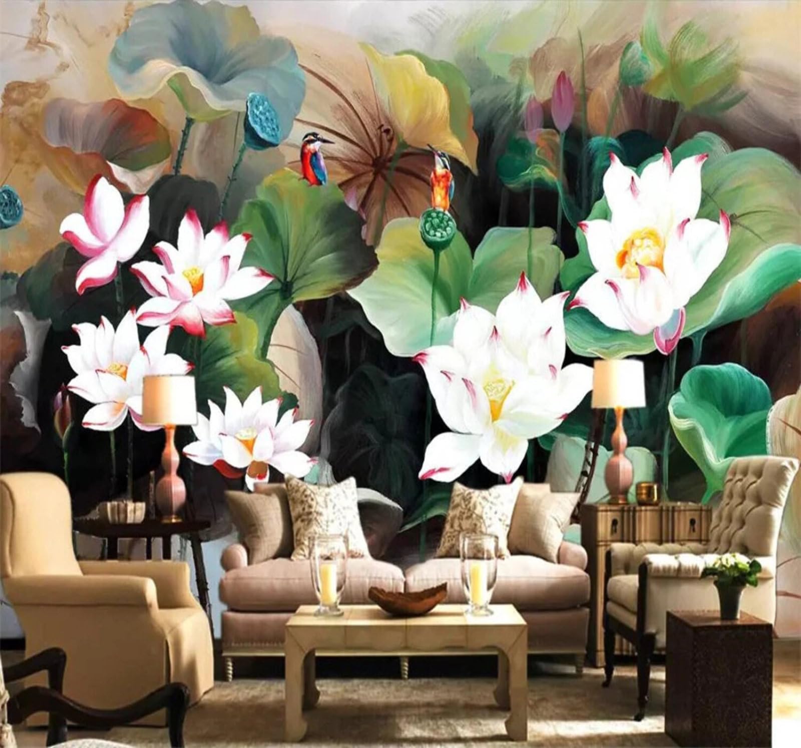 Wallpaper-3D-Xlm 300Cm×210Cm(B×H) Hand Drawn Ink Wash Fresh Lotus Art 3D Wallpaper Easy Install Feature Office Living Room Sofa Bedroom Tv Background Wall Decoration-300Cm×210Cm