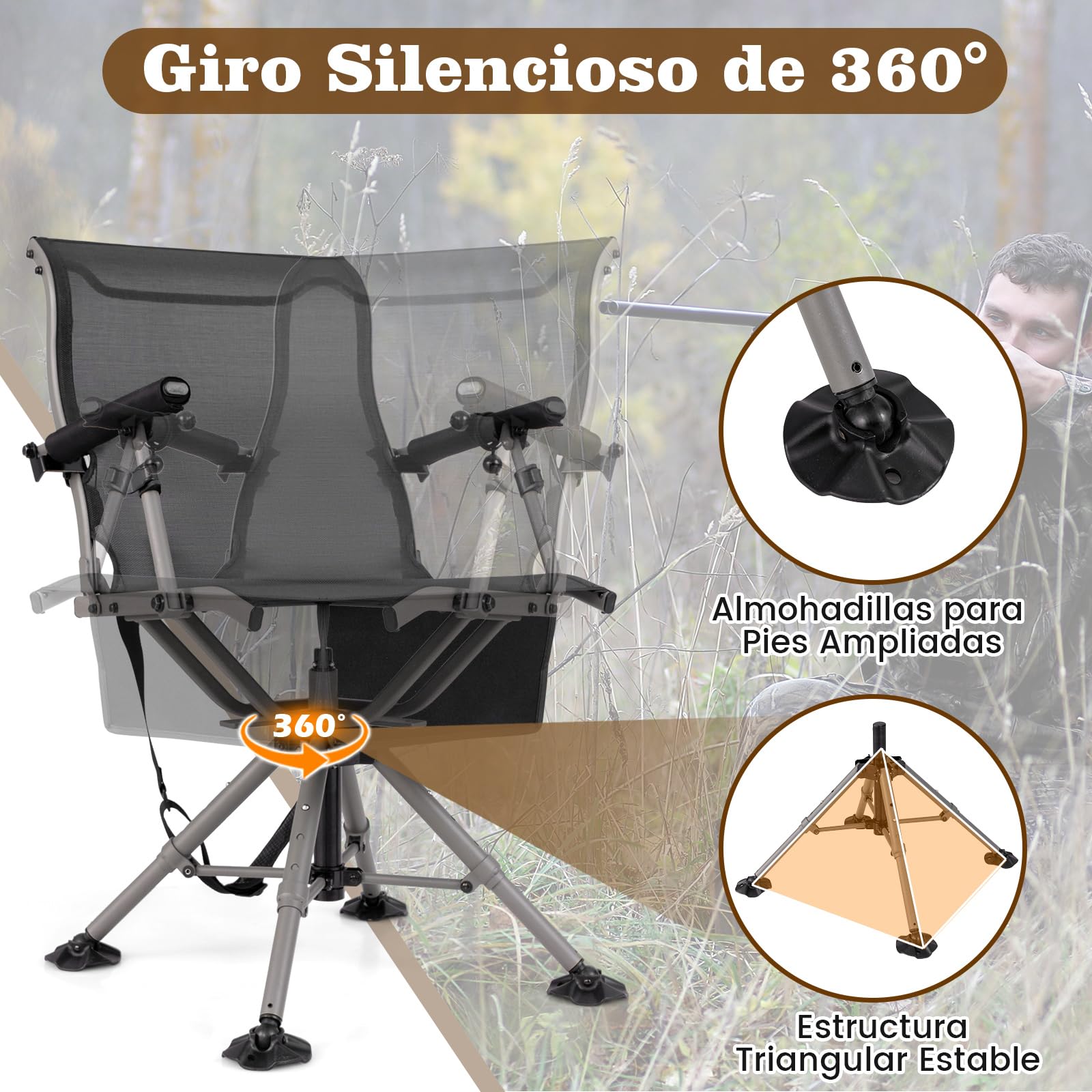 GOPLUS Silla de Caza Giratoria de 360°, Silla Portátil con Soporte de Rifle Ajustable, Reposabrazos y Altura Regulables, Sillas Ergonómica con Respaldo y Tela Transpirable para Caza, Pesca y Camping