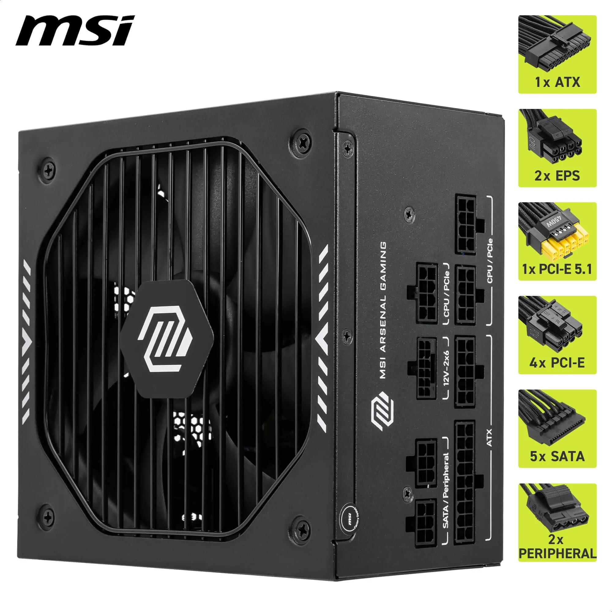 MSI MAG A750GLS PCIE5 Alimentatore ATX - 750W 80 PLUS Gold, ATX 3.1, Supporto GPU PCIe 5.1, connettori 12V 2x6 pin nativi e bicolore, cavi con guaina marcata