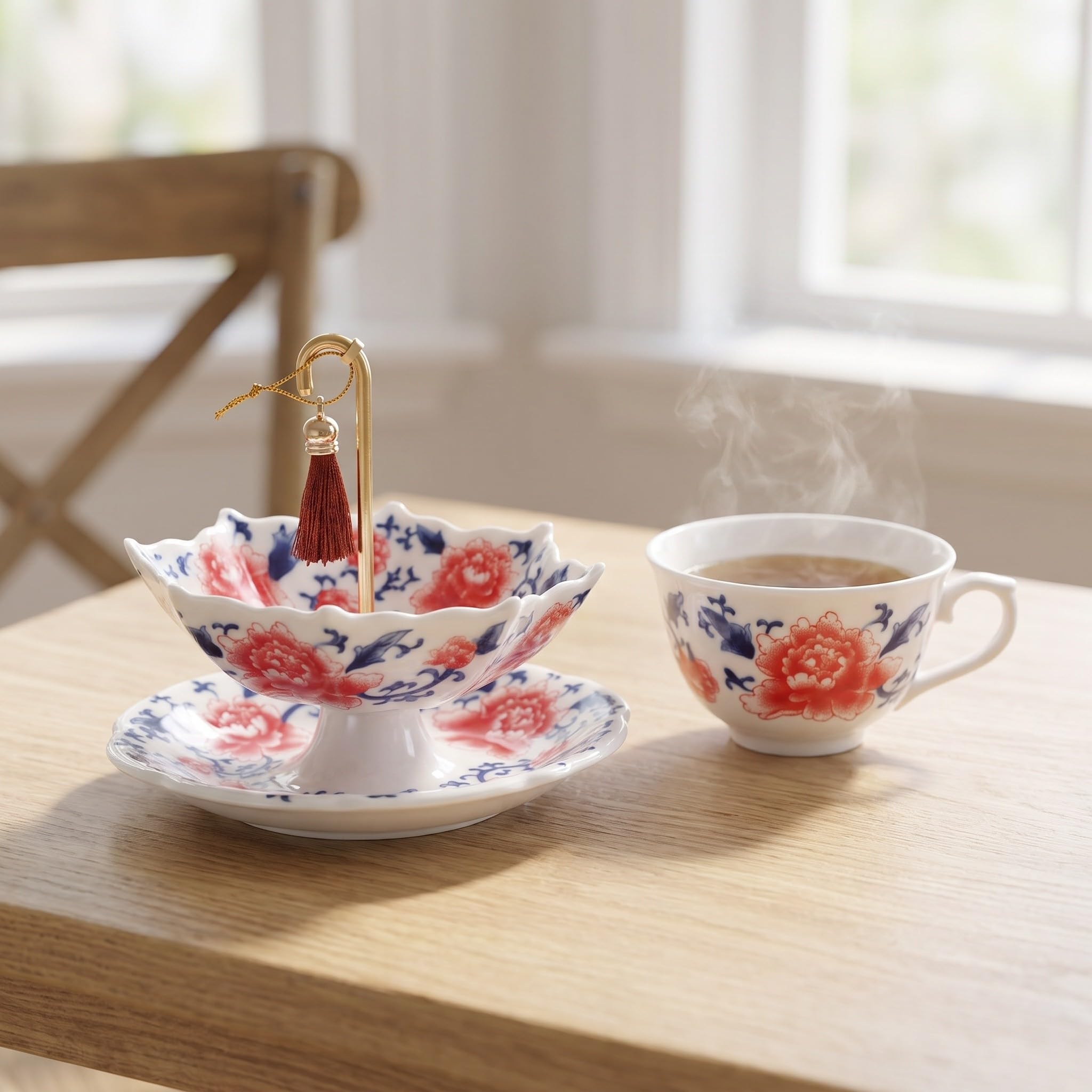 OUNONA 1 juego de colador de té de cerámica con forma de paraguas, filtro azul y blanco con soporte para té de hojas sueltas, accesorio para la ceremonia de beber de Kung Fu chino para el hogar, la