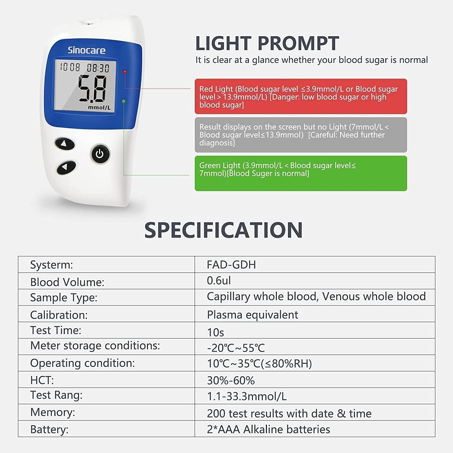 sinocare Safe-Accu2 Light Prompt and Specifications