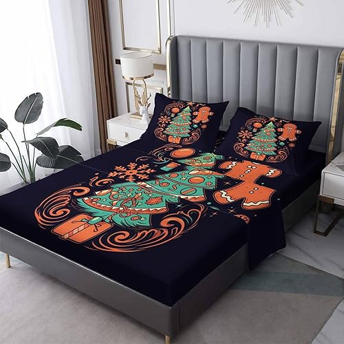 Sábanas de Navidad tamaño Queen, juego de sábanas con estampado de hombre de jengibre de 4 piezas, sábana bajera ajustable de microfibra suave con