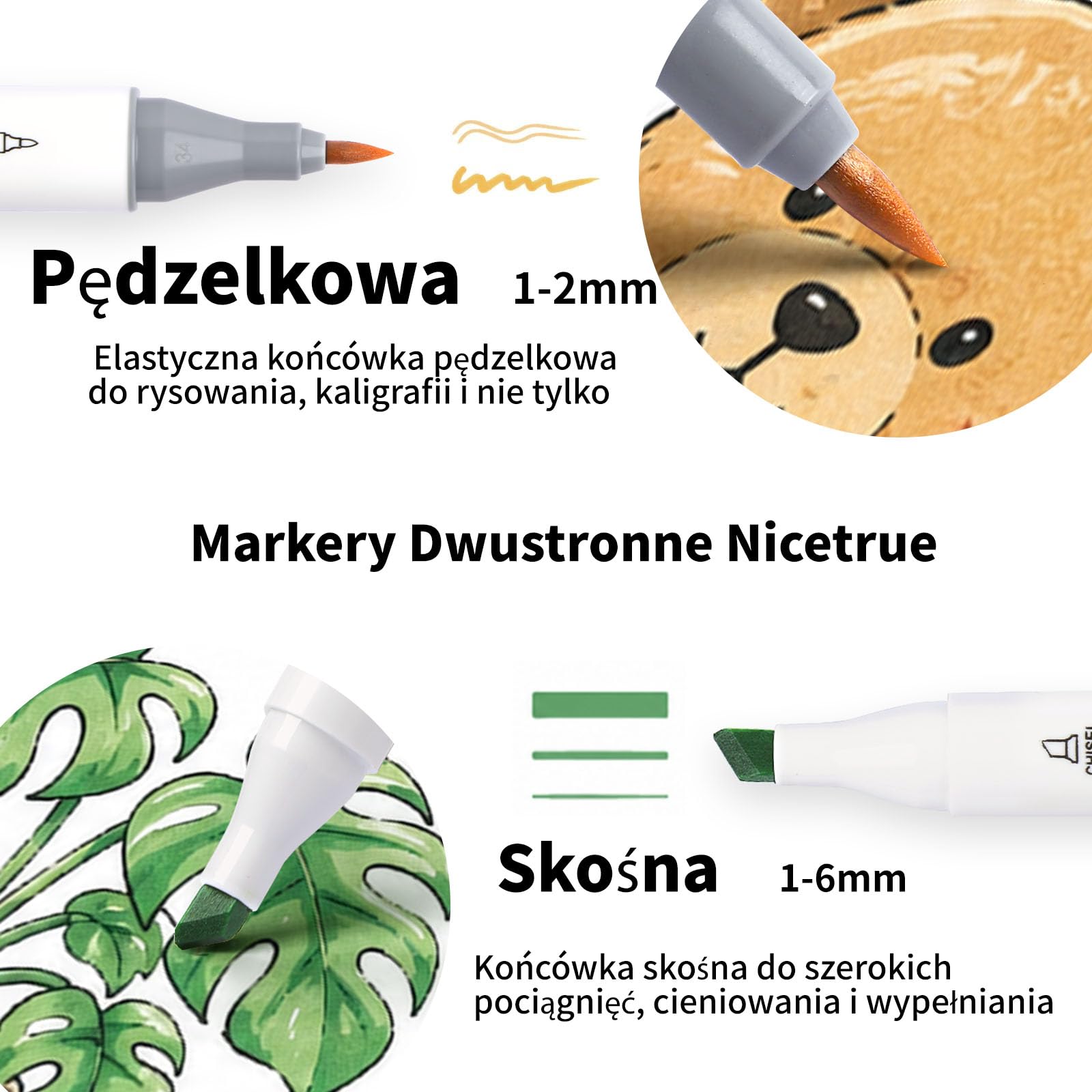 Markery Alkoholowe 60 Kolorów Pędzel i Dłuto do Rysowania | Szybkoschnący tusz, płynne blendowanie, wymienne końcówki i możliwość uzupełniania tuszu