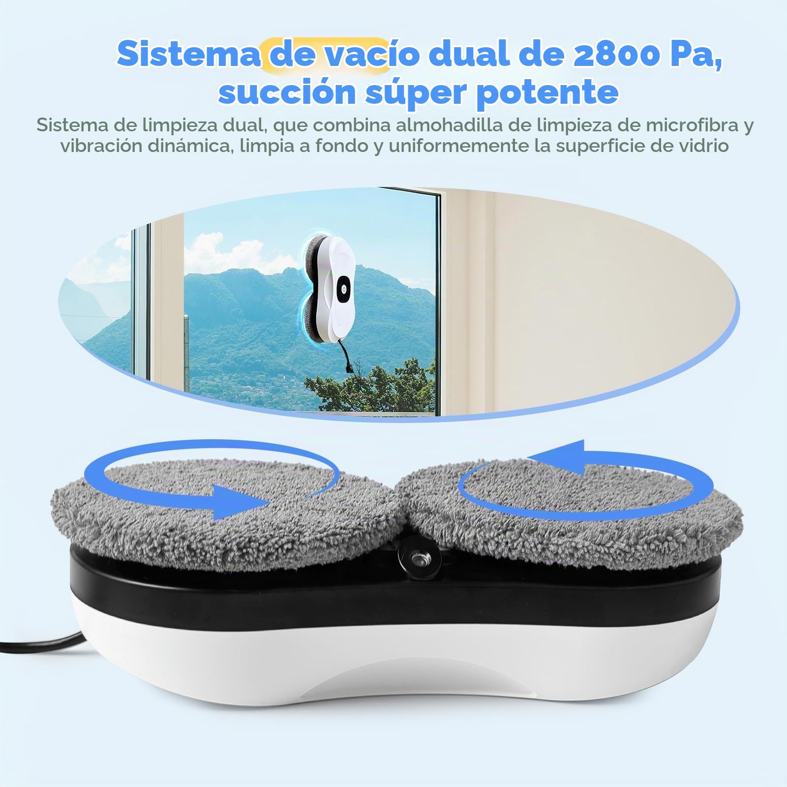 Robot Limpiacristales 2800Pa Limpiacristales Electrico Limpia Cristales Electrico Robot Limpiador de Ventanas con Control Remoto, 10 Piezas de Tela Adecuado para Superficies Verticales Lisas
