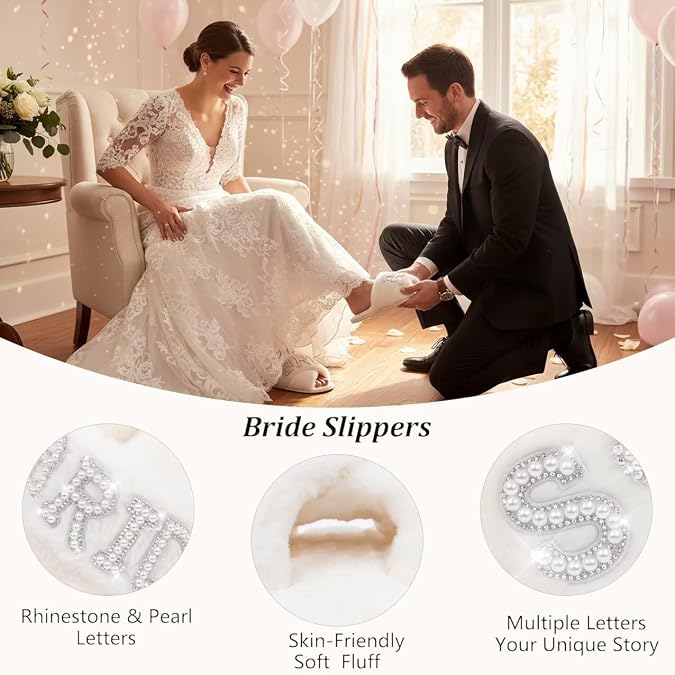 MAIITRIP Personalized Bride Slippers for Bride to Be | Plush,Non-Slip & Custom Initial A-Z with Pearl Rhinestones | Personalized Gift for Bridal Shower,Bachelorette,Honeymoon & Wedding