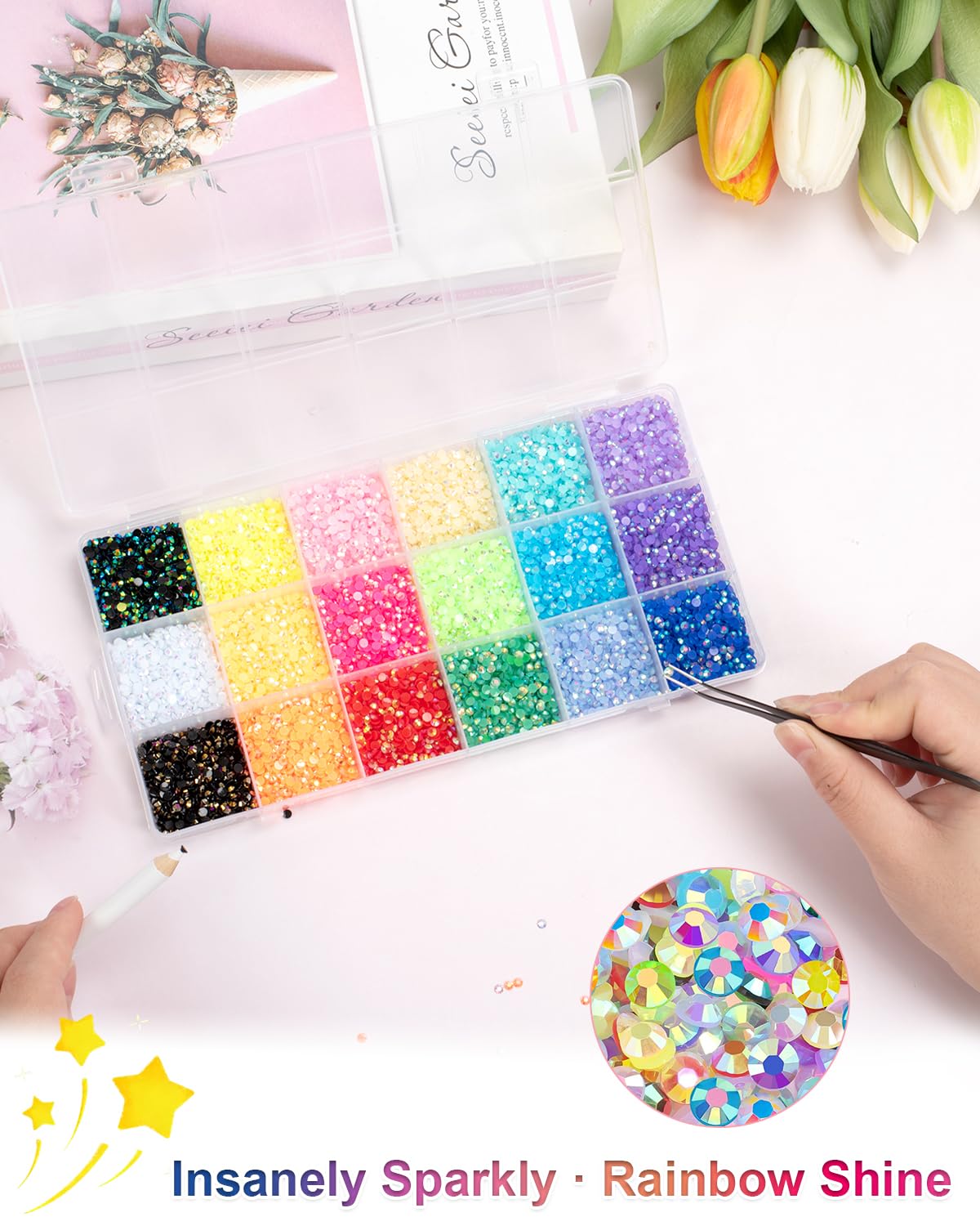 Vinuwu Kit de 18 couleurs éblouissantes, 22 000 strass à dos plat de 3 mm pour éblouissement avec stylo, kit de pierres précieuses Bedazzler pour loisirs créatifs, nail art, vêtements, chaussures