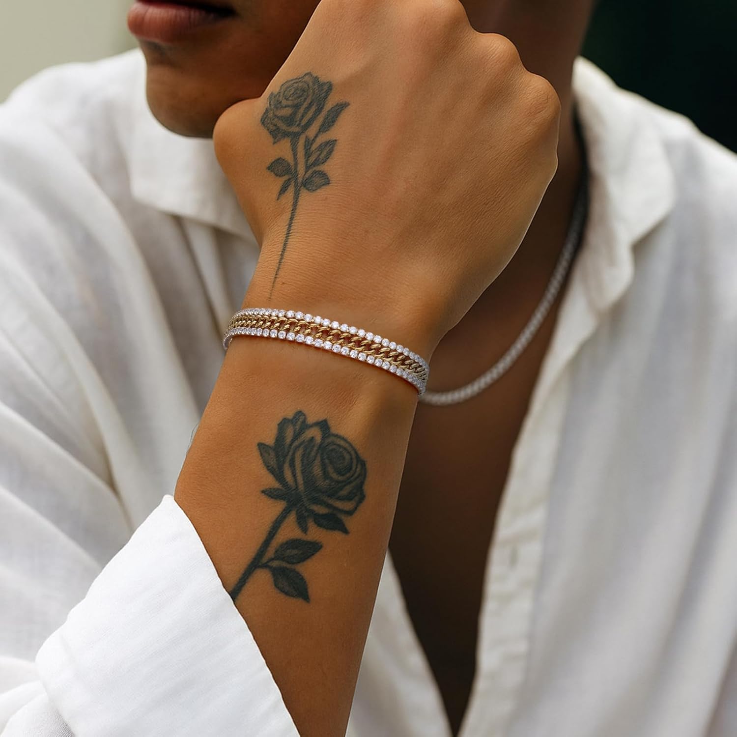 Tennis Bracelets for Women Men: 7/8 inch Stainless Steel Cuban Link Bracelet - Silver/Gold Bracelets for Men Cubic Zirconia Bracelet Stack Non Tarnish - Dainty Wrist Jewelry for Women - Image 3