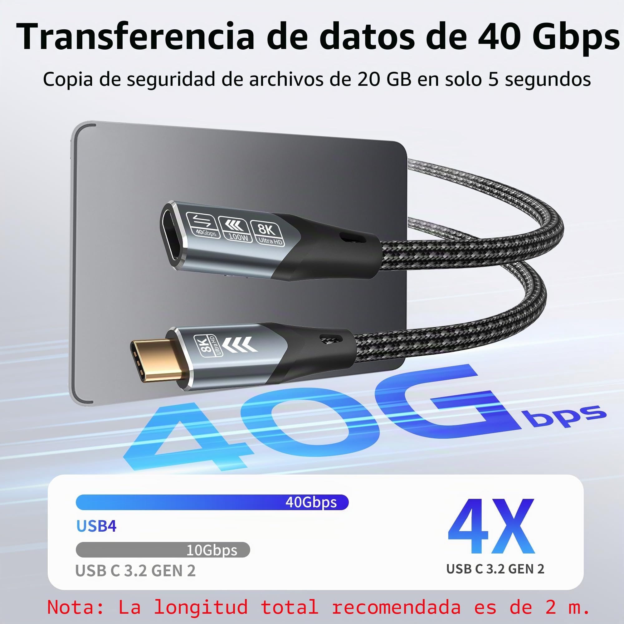 alargador tipo c 3m Compatible con alargador usb c thunderbolt 4,40Gbps cable usb c macho hembra 240W Carga 8K@60Hz Transmisión de Vídeo Compatible con Thunderbolt 3 extension