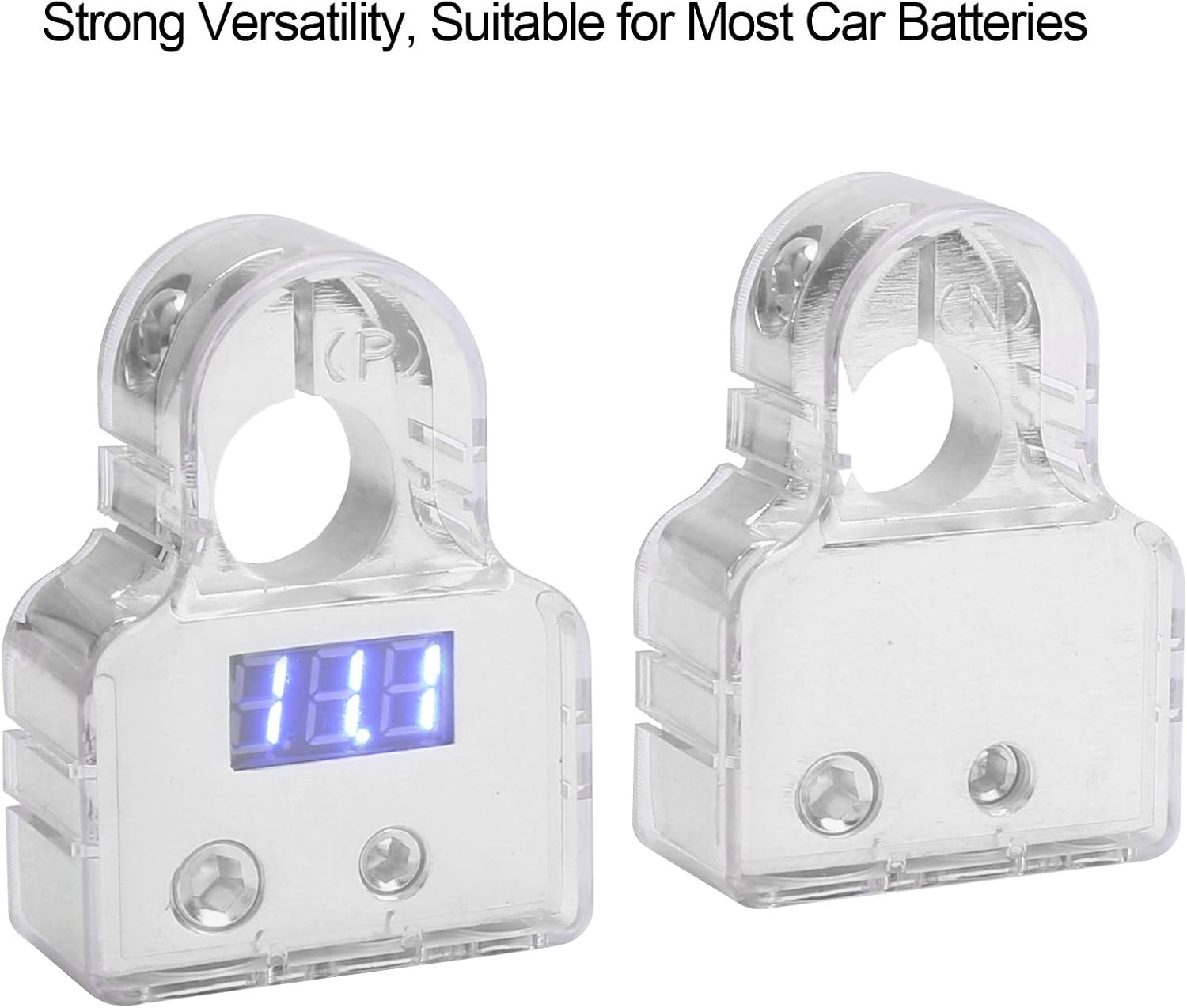 Car Battery Terminal Connectors Kit with Digital Voltmeter Display Standard 0/4/8/10 AWG Gauge (B(Sliver))