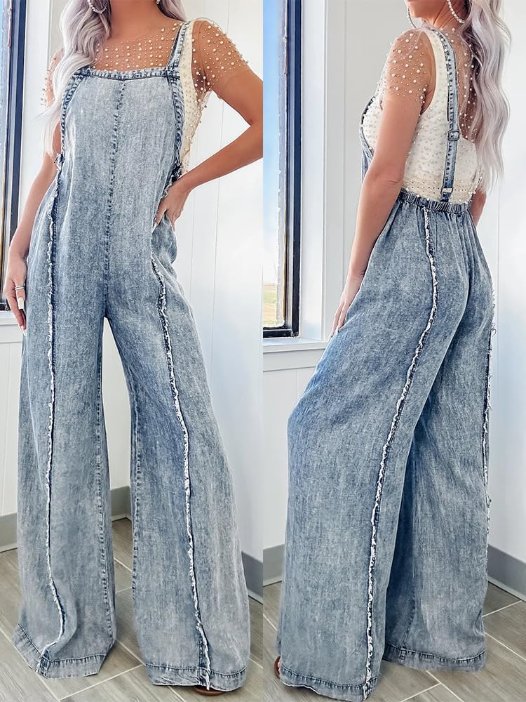 utcoco Denim Overalls for Women Casual Adjustable Straps Wide Leg Raw Hem Jeans Bib Overalls Jumpsuits - Image 5