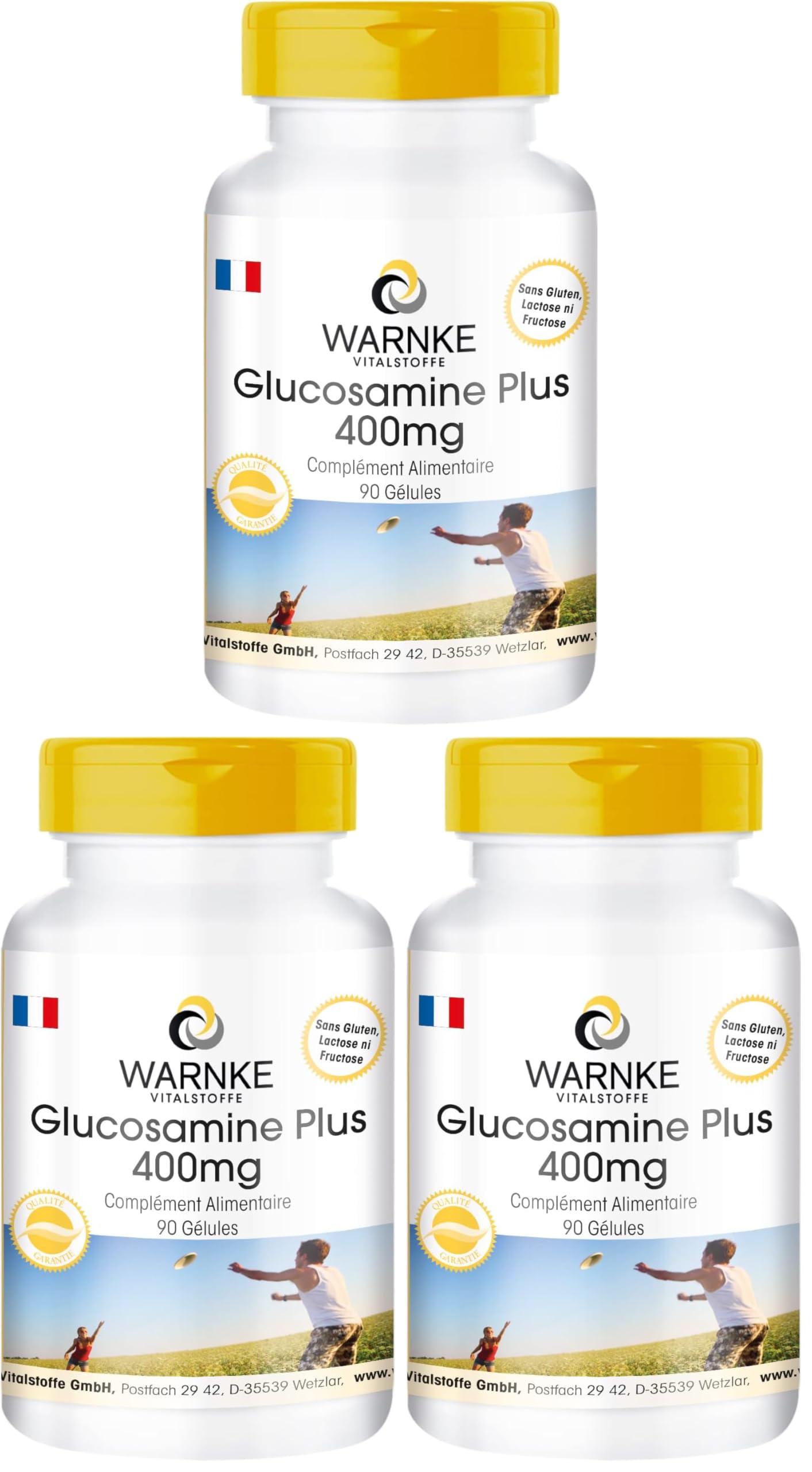 Glucosamine Plus 400mg - avec 1200mg de Glucosamine par dose journalière - 90 gélules - Avec Collagène | Warnke Vitalstoffe - Qualité des pharmacies allemandes (Lot de 3)