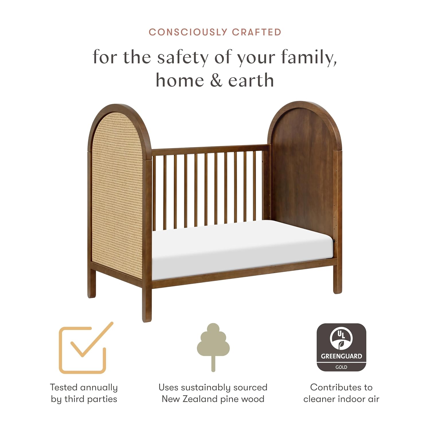 Babyletto Bondi Cane 3-in-1 Convertible Baby Crib - GREENGUARD Gold Certified Convertible Crib to Toddler Bed & Daybed - Wooden Baby Bed 4 Adjustable Heights - Made of 100% Solid Wood - Natural Walnut