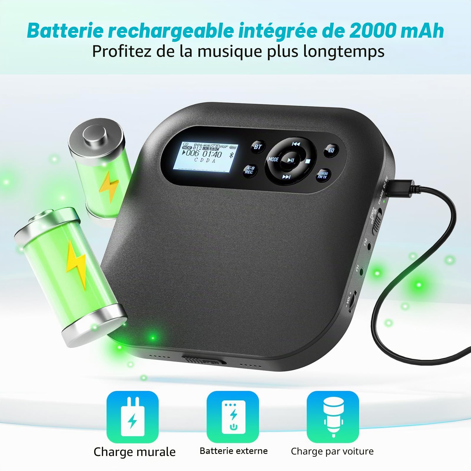 Lecteur CD Portable avec Bluetooth, Lecteur CD de Voiture Rechargeable Discman avec FM, Deux Haut - parleurs stéréo, Anti - Saut, Deux connecteurs de Casque (CD022 Bluetooth 5.1)