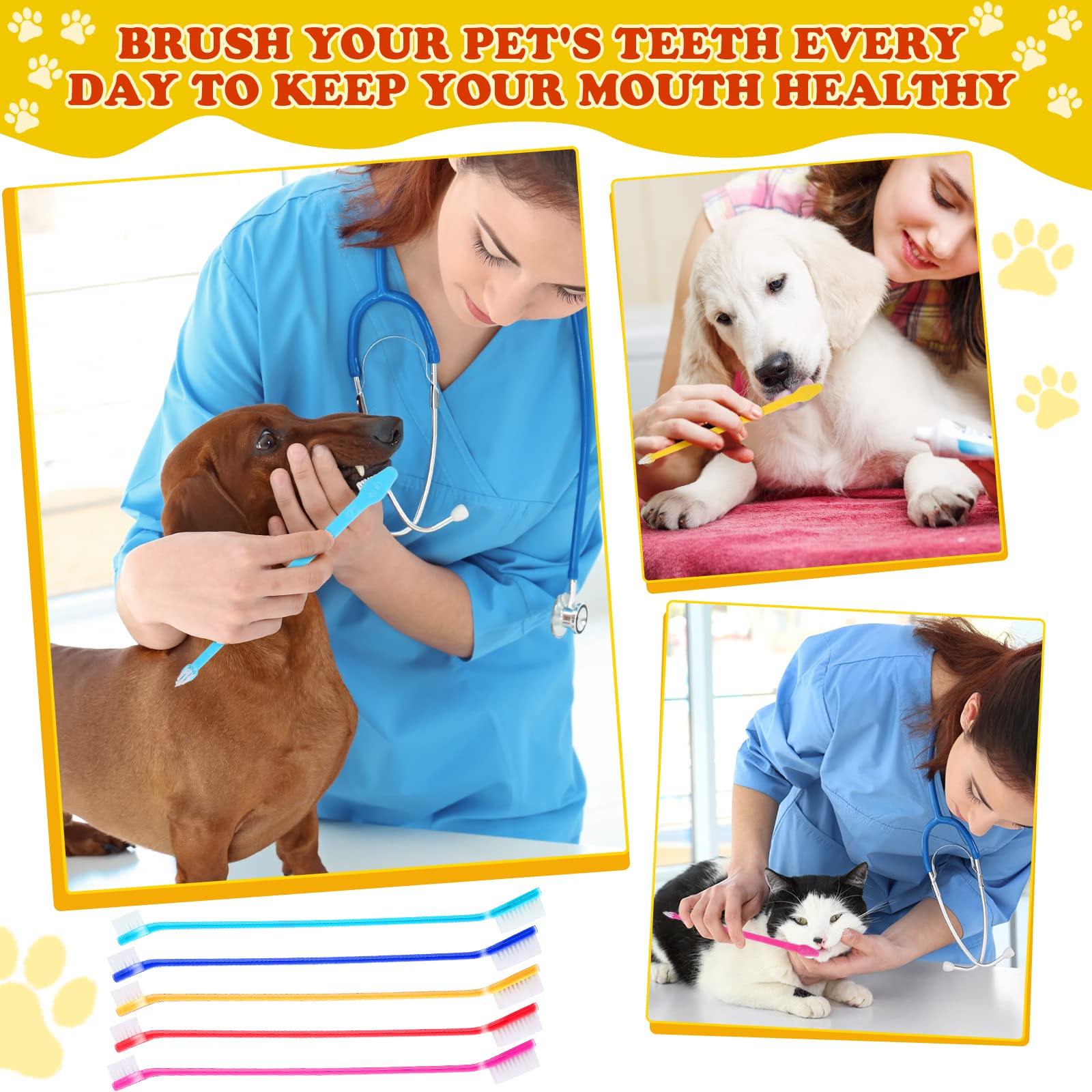 150 Cepillos de Dientes para Perros Cepillos Dentales de Dos Cabezales Kit de Cepillado de Dientes de Cachorro con Mango Largo para Suministros de Cuidado Bucal de Mascota, 5 Colores