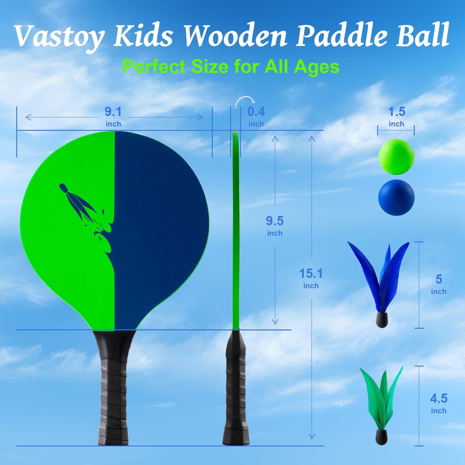 Vastoy Kids Wooden Paddle Ball Set, Lightweight Beach Bat and Ball - Image 2