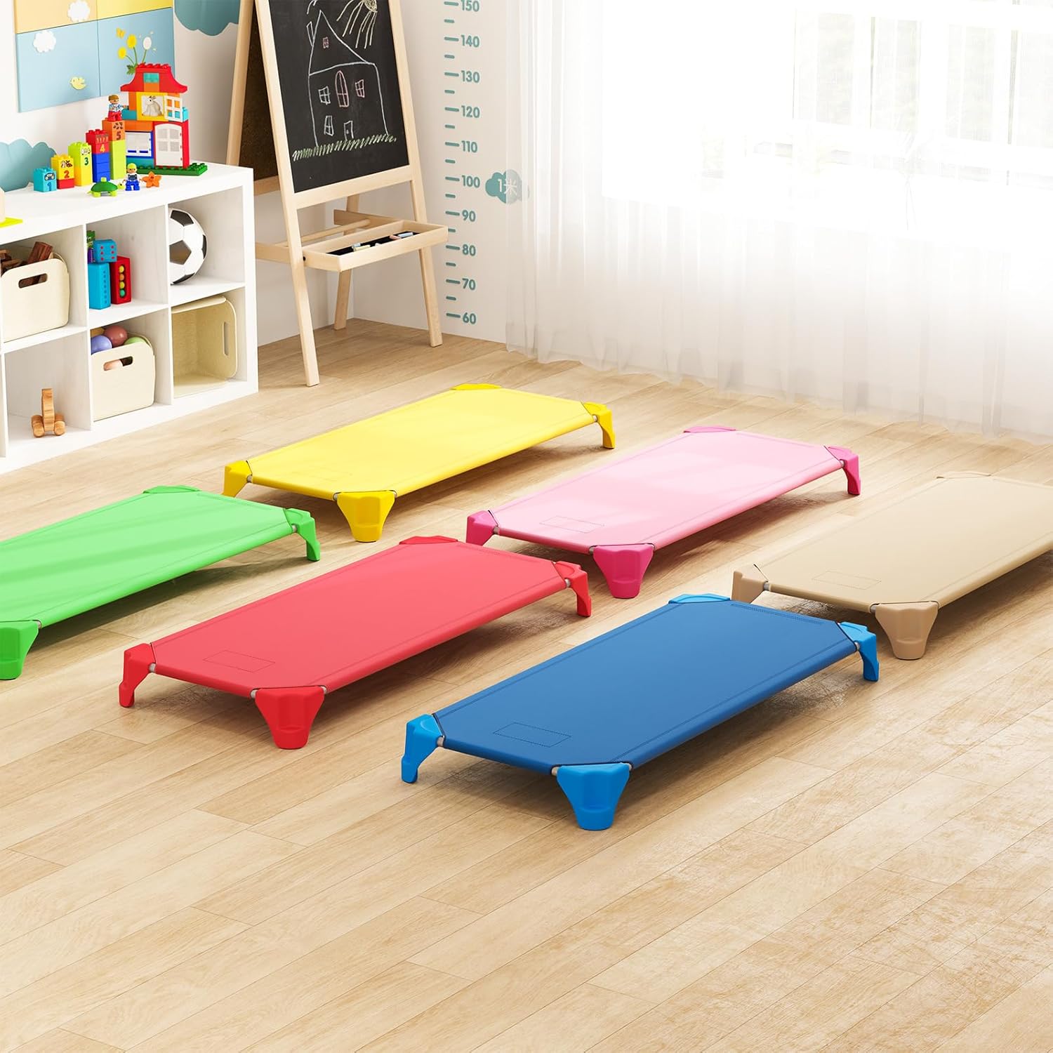 KOTEK Stackable Daycare Cots for Kids, Portable Children Nap Cot, 52" L x 23.5" W, Ready-to-Assemble, Space Saving Toddler Preschool Cots for Sleeping Naptime (6 Pack, Multicolor)