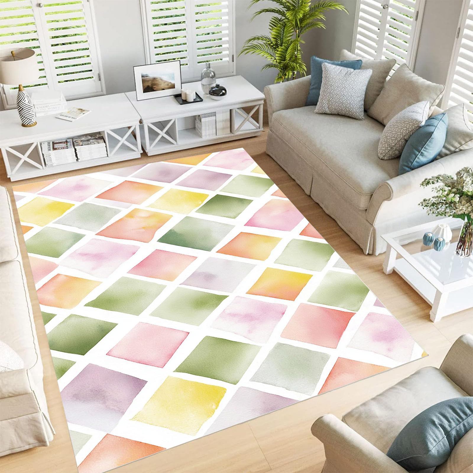 Tapis Salon 120X180Cm, Losange Abstrait Tapis Doux Poils Courts Aquarelle Géométrique Antidérapant Lavable pour Chambre, Décoration Intérieur Garçons Filles Adolescents, Vert Sauge