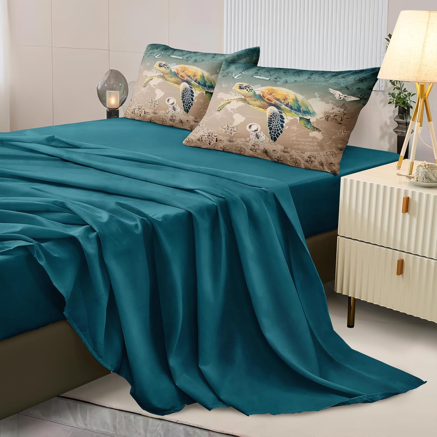 MOVE OVER Ocean Comforter Set Queen Size 8 Pieces Beach Comforter Set with Sheet Set Vintage Nautical Style Sea Turtle Comforter Bedding Set for Bedroom