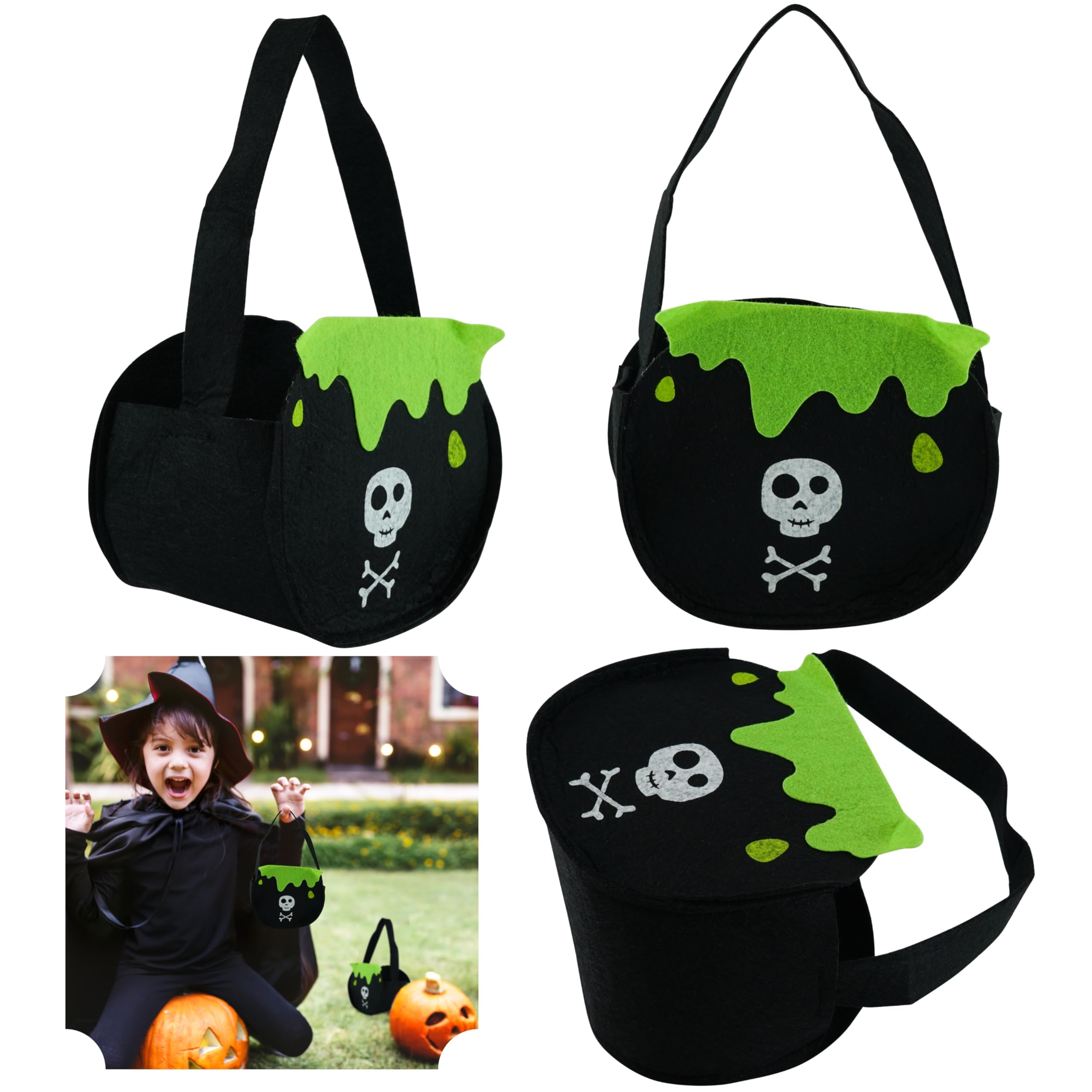 SRV Hub 3Pcs Witch Cauldron Halloween Buckets with Handle, Reusable Felt Candy Trick or Treat Bags, Goody Bags for Kids Party Favor Gifts, Multifunctional Halloween Party Supplies 27cm