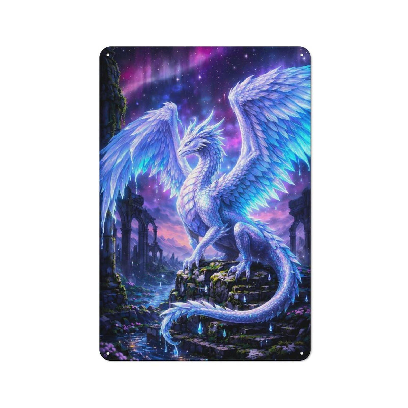 Junmoney Style-7 Majestic White Dragon In A Mystical Landscape Rustic Metal Wall Decor 30X20cm, Garden Room Metal Sign For Patio Bar, Workshop, Shed Or Kitchen