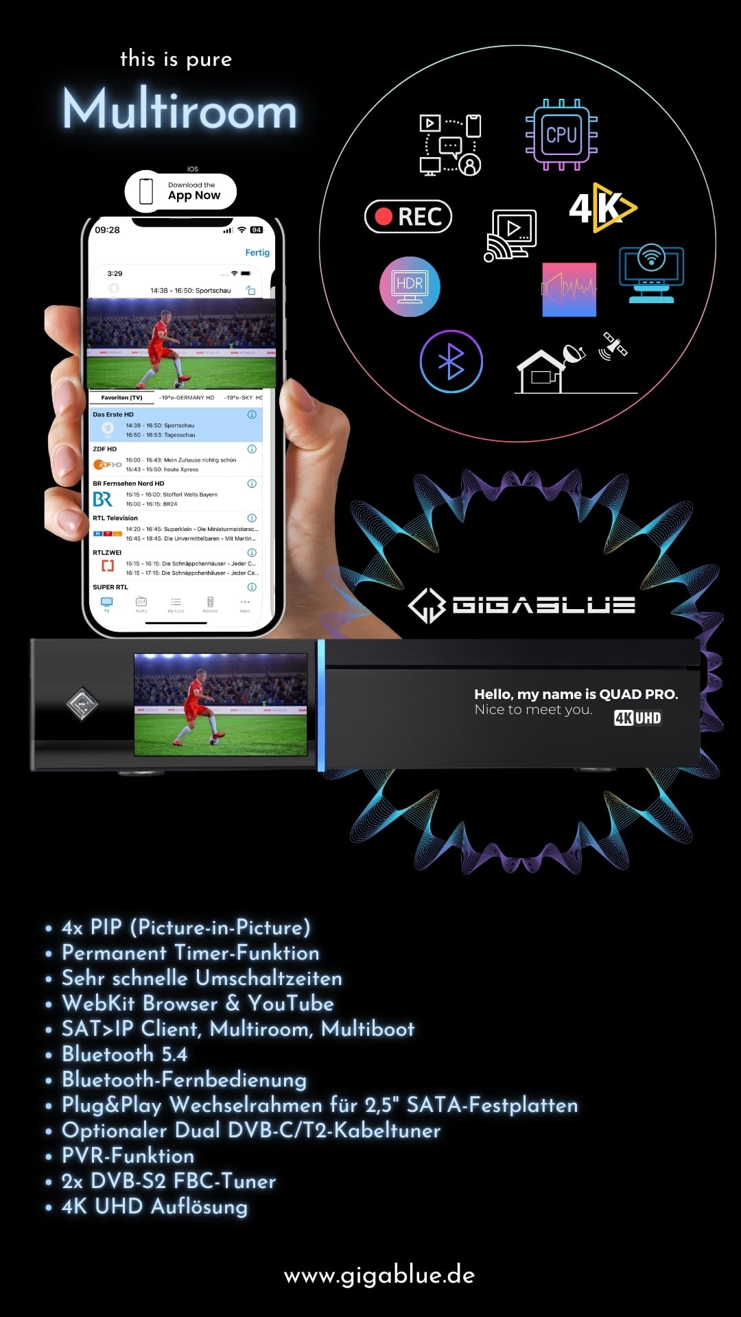 GigaBlue UHD Quad 4K Pro PVR-Receiver mit HBB-TV, Bluetooth 5.4, 2X FBC DVB-S2 Tuner, Gigabit-LAN