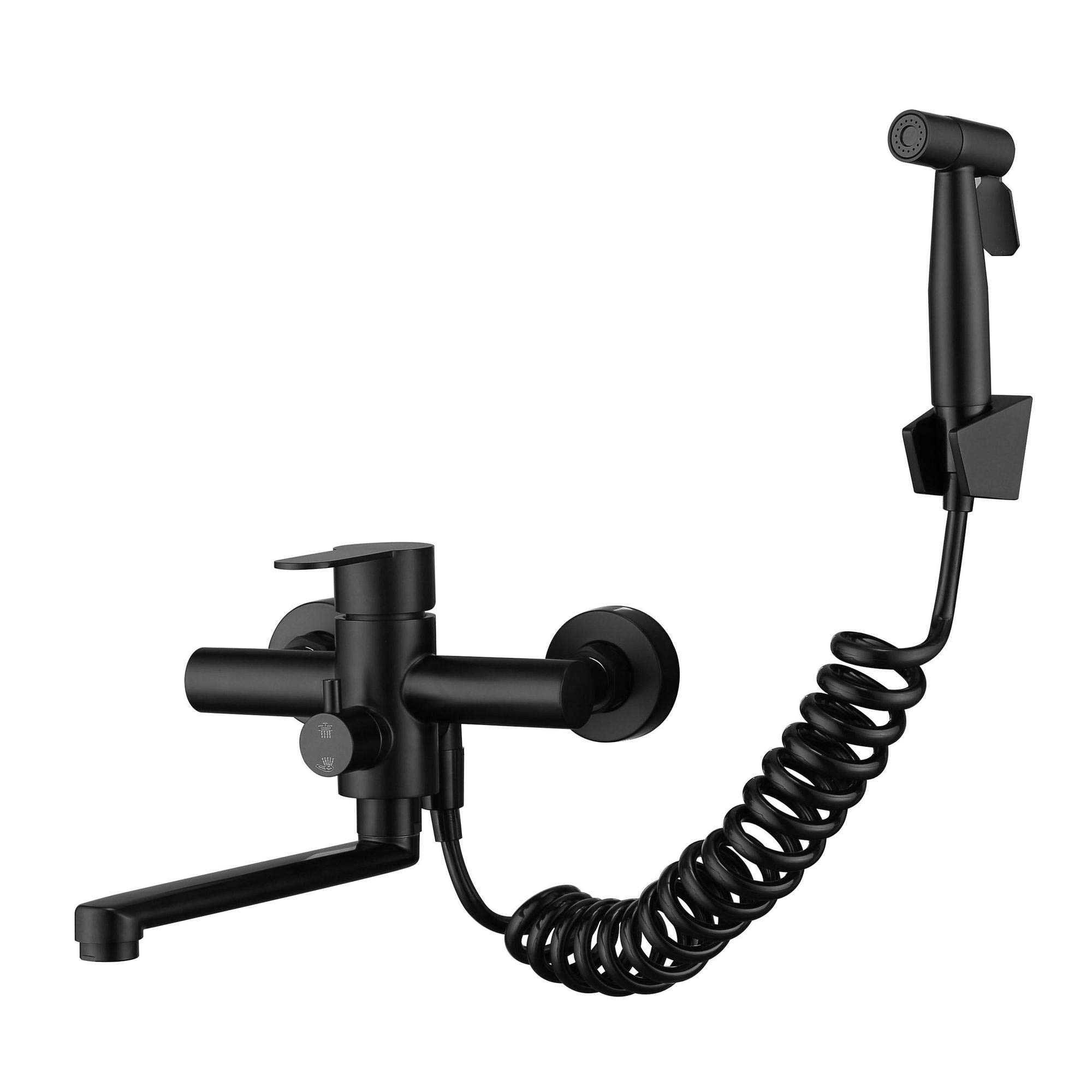 HomeLava Grifo de Cocina Montado en La Pared Grifo de Cocina Giratorio de 360 ° Pistola rociadora de acero inoxidable 304 y 2 tipos de grifo de cocina con chorro de agua 225 mm negro