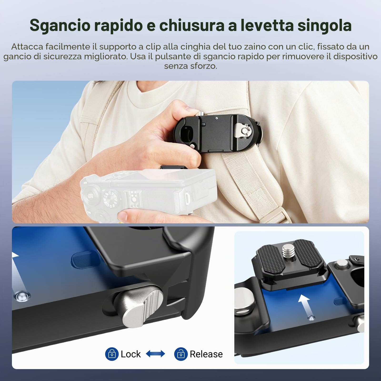 NEEWER Clip per Zaino per Fotocamera, Attacco a Sgancio Rapido Compatibile con Sistema PD e Piastra Tipo Arca, Blocco di Sicurezza, Fotocamere DSLR e Mirrorless Carico di 10kg（22lb）