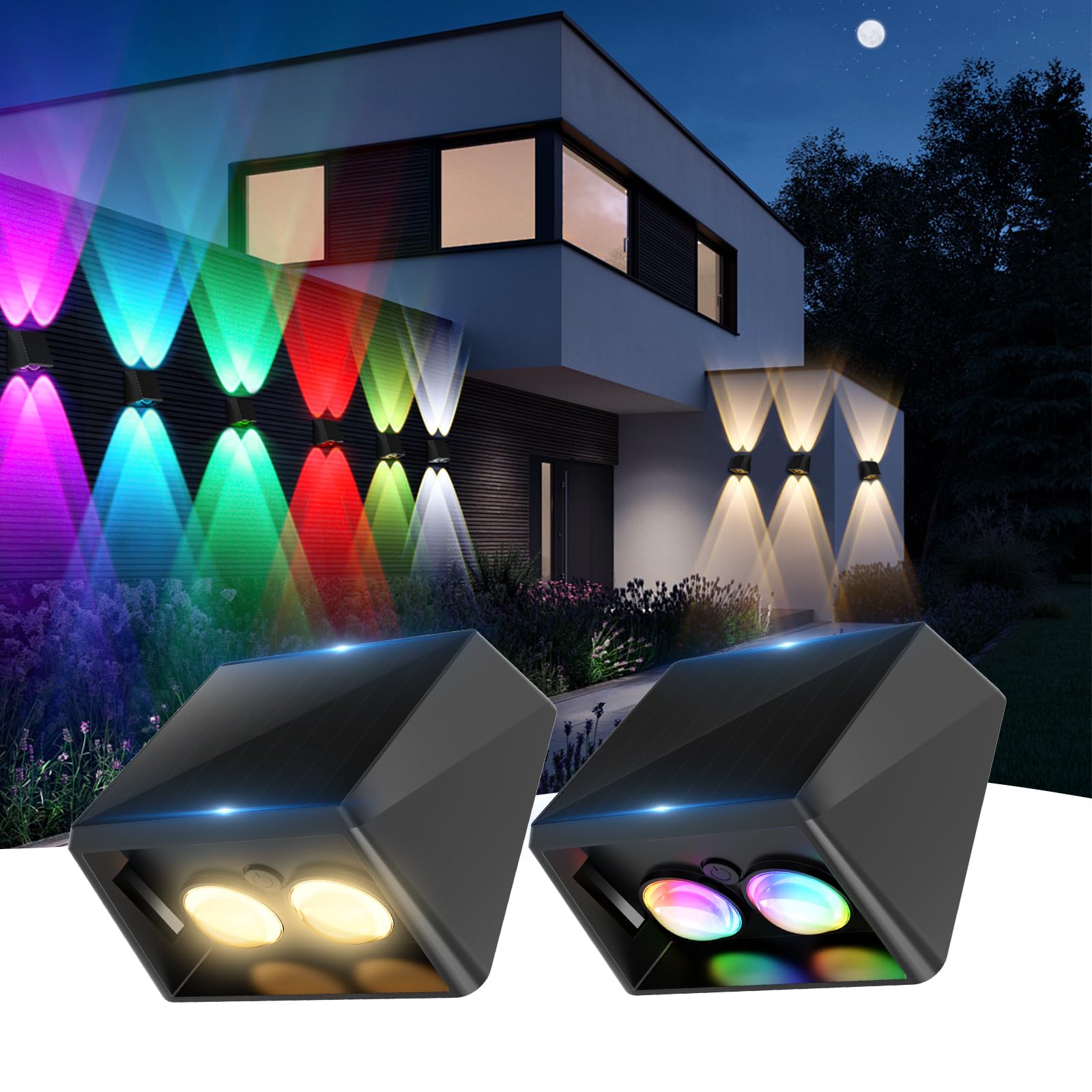 Solar Fence Lights, 2 Pack Outdoor Up & Down LED Fence Light Solar Powered with 11 Colors & 13 Modes IP65 Waterproof Wall Lights Warm White/Cool White/RGB Color Changing for Outside Patio Step Yard