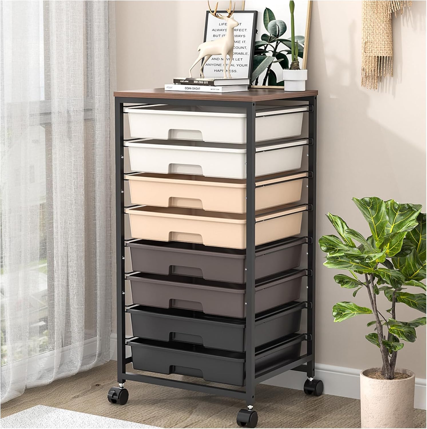SYKIARIOL Utility Cart with 8 Drawer,Rolling Storage Cart with Wooden Tabletop and Lockable Wheels,Storage Drawer Cart with Large Capacity, 8 Tiers Drawer Cart for Home Office,Dark Brown