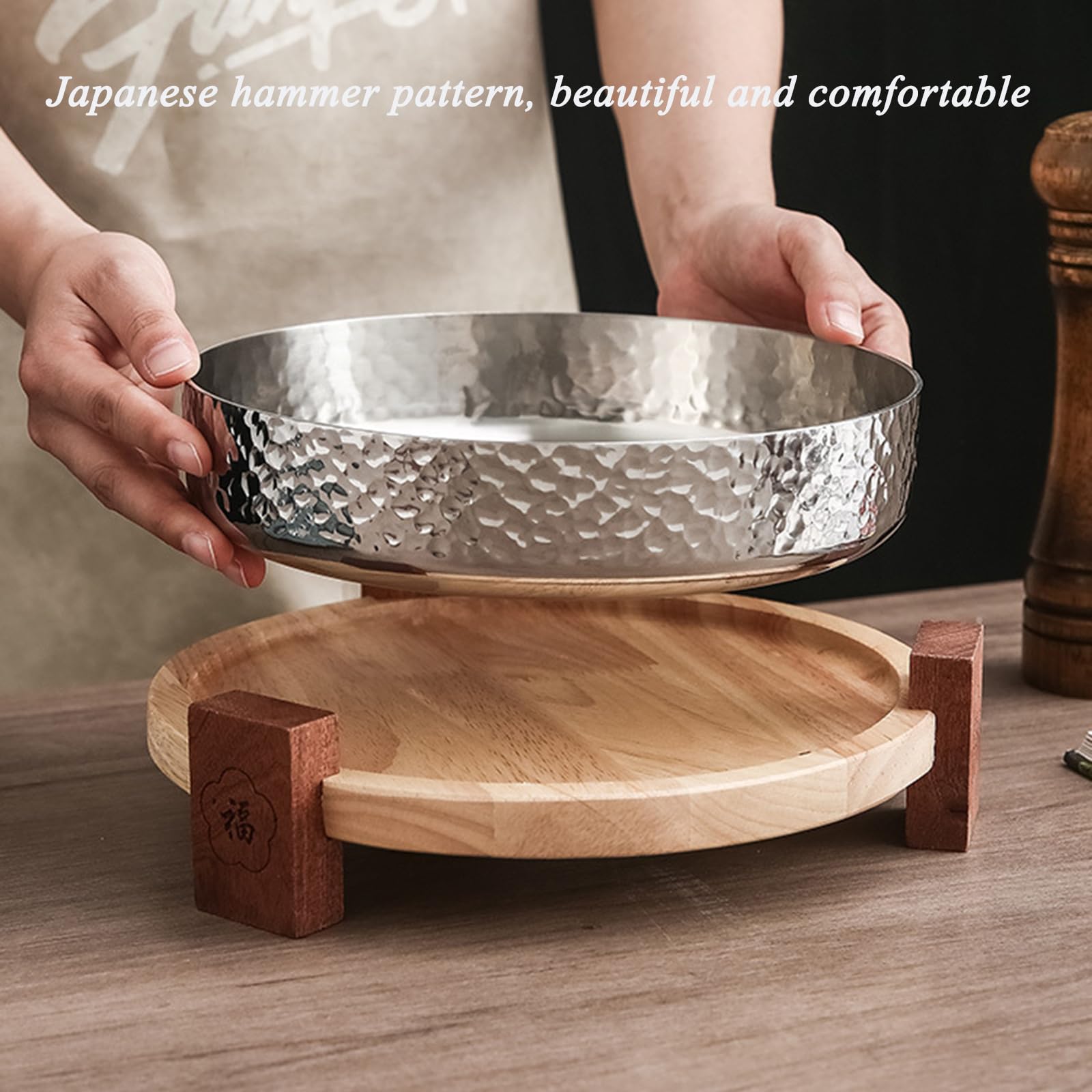 SVRITE - Platos redondos de acero inoxidable 304 con base de madera, 18/20/22/26 cm, platos de metal para ensalada de carne para servir platos de sushi, sartenes para cocina comercial en el hogar (20