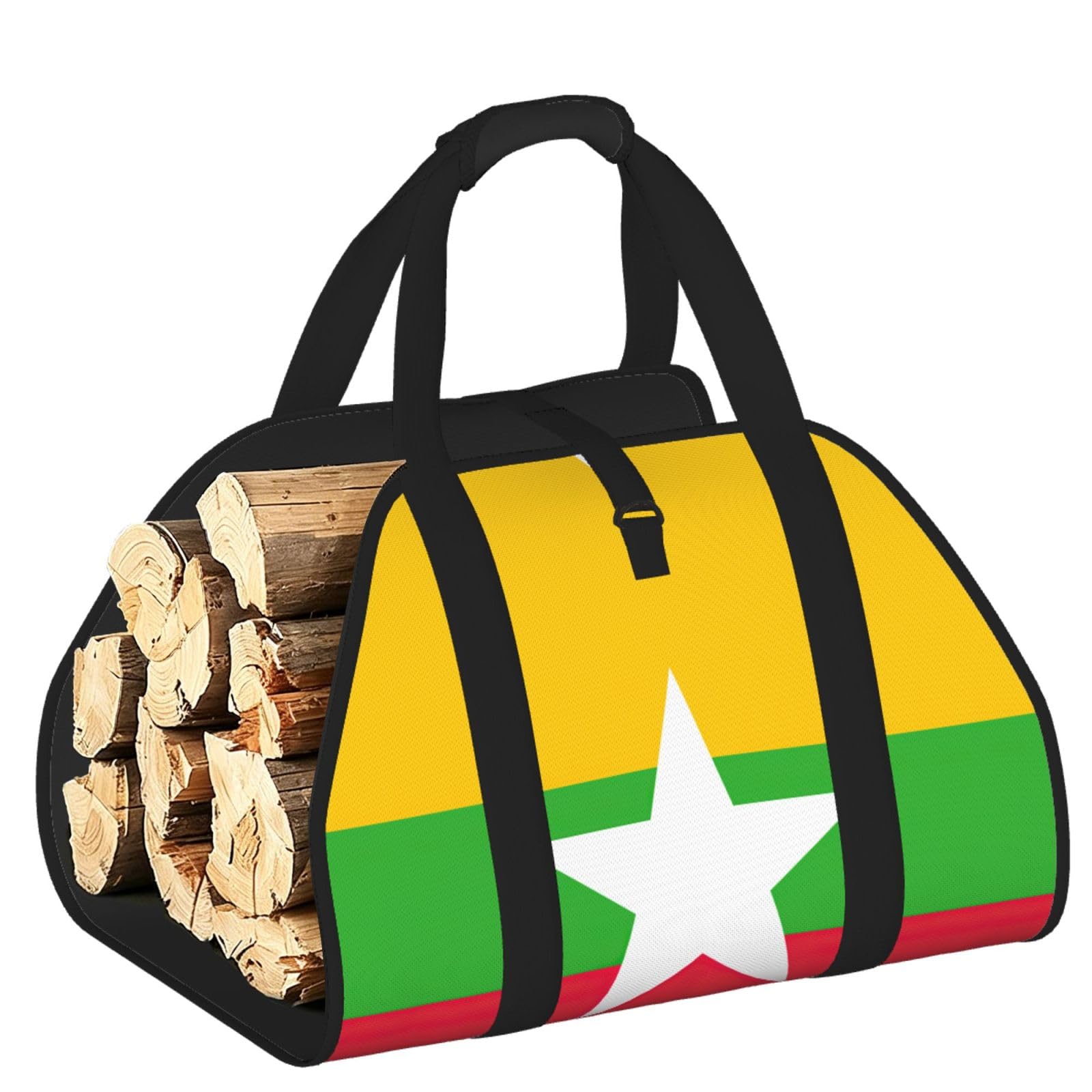 Flag of Myanmar Printed Firewood Log Carrier, Large Tote Bag with Reinforced Handles for Camping Fireplace Home
