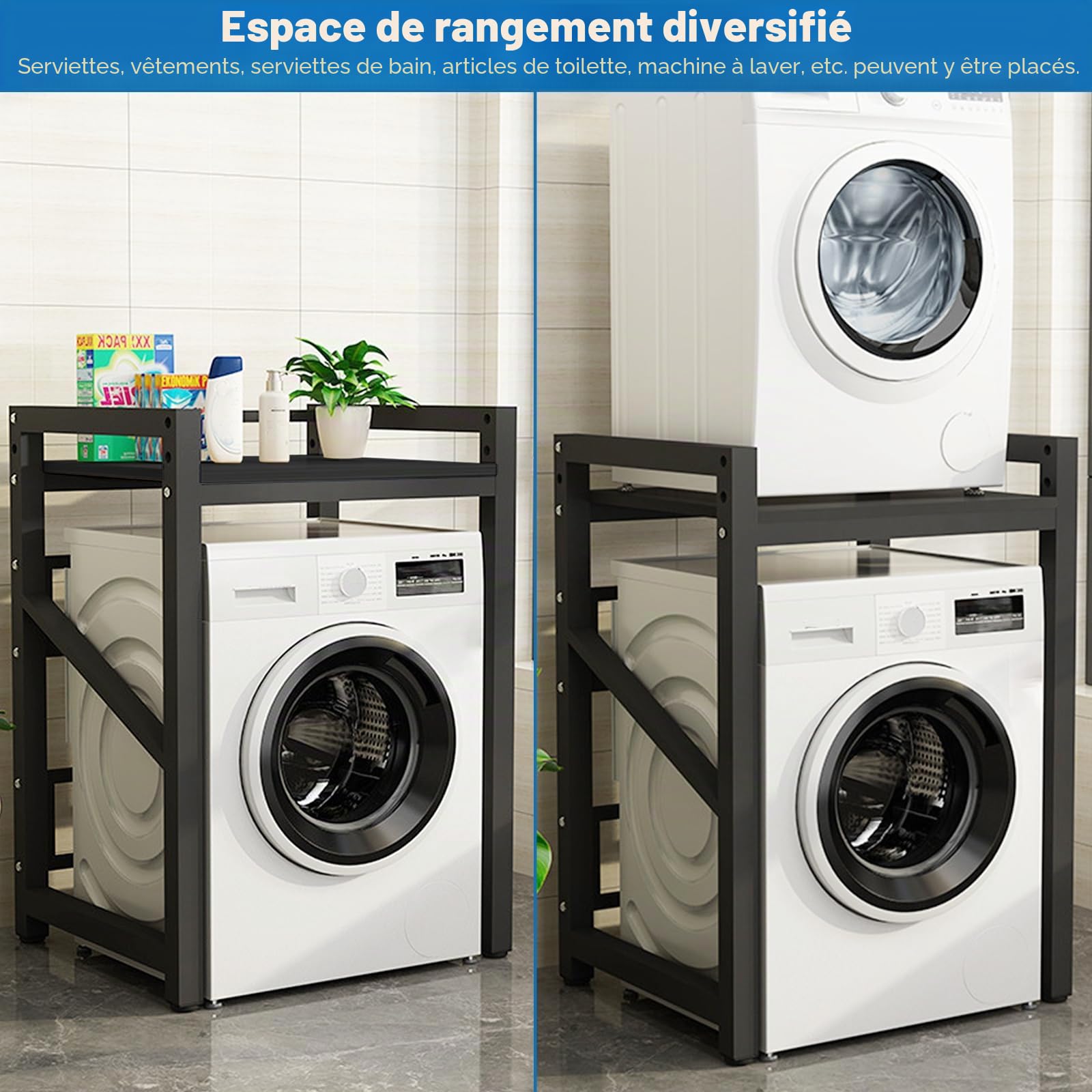 Support de machine à laver, réglable, en métal à double couche, étagère au-dessus de la machine à laver, étagère de machine à laver, armoire de conversion pour machine à laver, sèche-linge