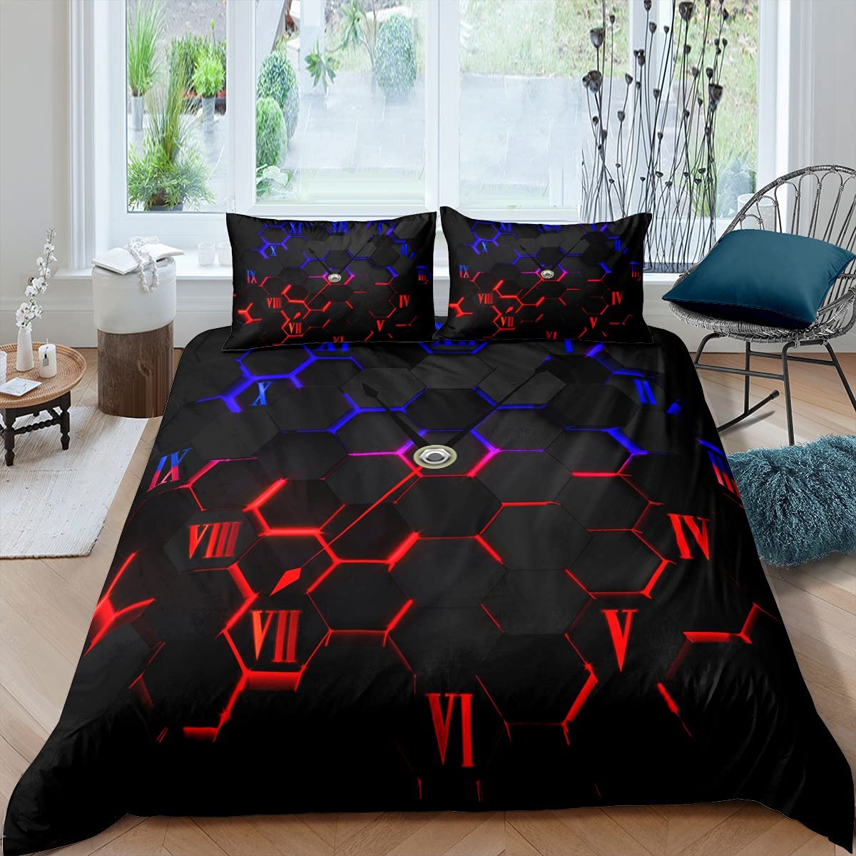 feelingyou Honeycomb Comforter Covet Double,Red and Blue Hexagon Geometric Duvet Cover with 2 Pillowcases,Abstract Clock Bedding Set for Boys Teens Room Soft Polyester Bedspread