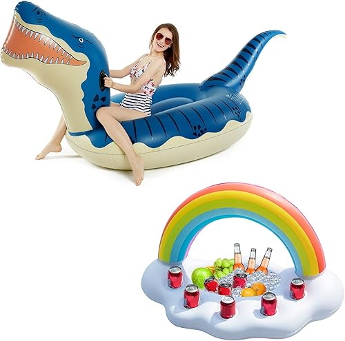 Jasonwell Flotador inflable para piscina de dinosaurios para niños y niñas, gigante T-Rex Floatie y Jasonwell Soporte inflable para bebidas con nube
