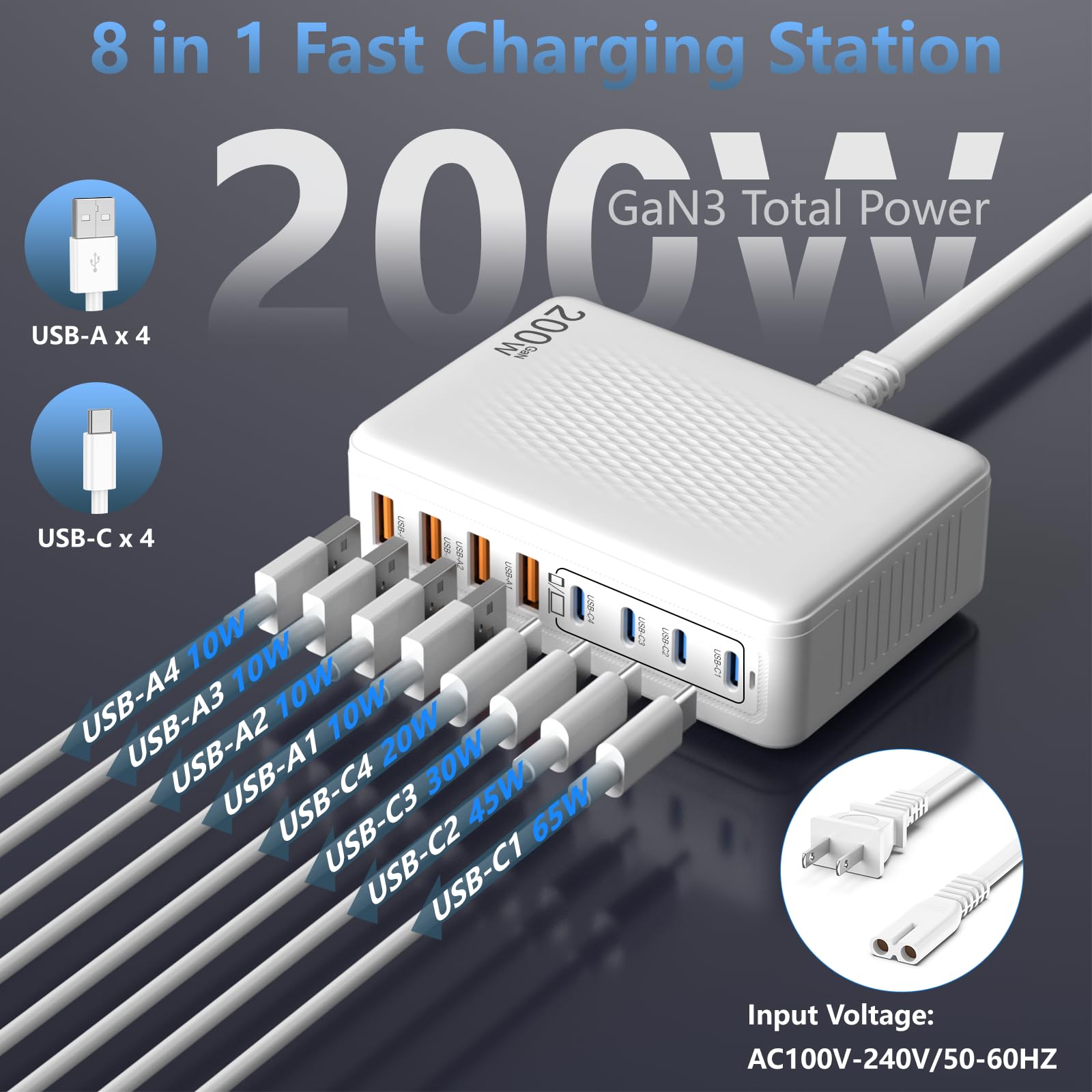 Bloque de carga USB C de 200 W, GaN III de 8 puertos, adaptador de carga rápida PD de 65 W para laptop compatible con todos los MacBook Pro/Air/iPad, DELL, iPhone /1716/15/14/13/Pro Max/Galaxy Pixel