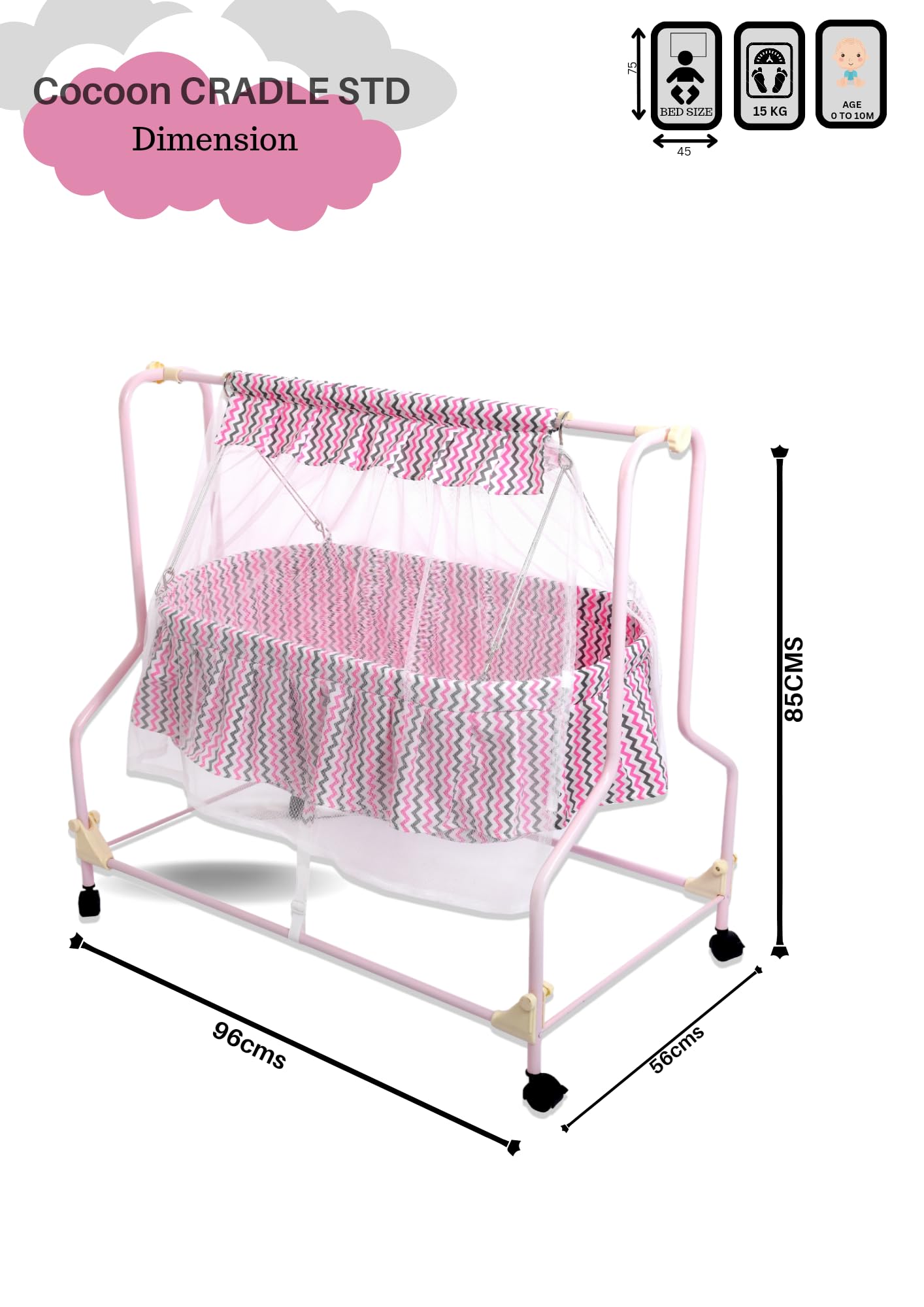 Infanto Cocoon Baby Cradle | Palna | Jhula - Sturdy Metal Frame, Mosquito Protection Net, Lockable Wheels, Swing Lock, Soft Fabric | 0 to 12 Months (Pink) - Image 7 thumbnail