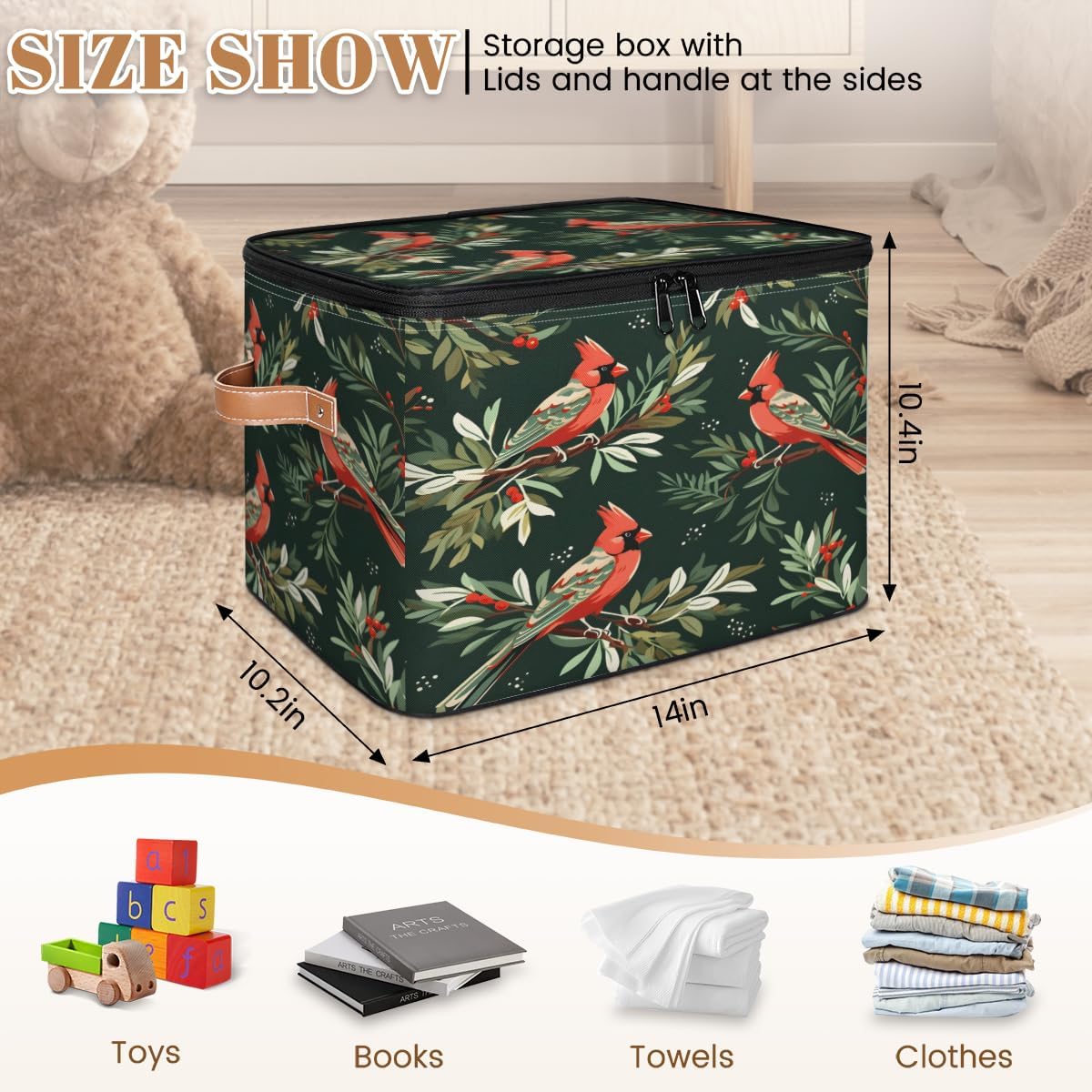 Storage Bin Set of 2 Holiday Christmas Birds Storage Basket with Zipper Lid & Handle Foldable Closet Shelf 2 Pack Cloth Organizer Basket Cube Bins for Bedroom, Nursery