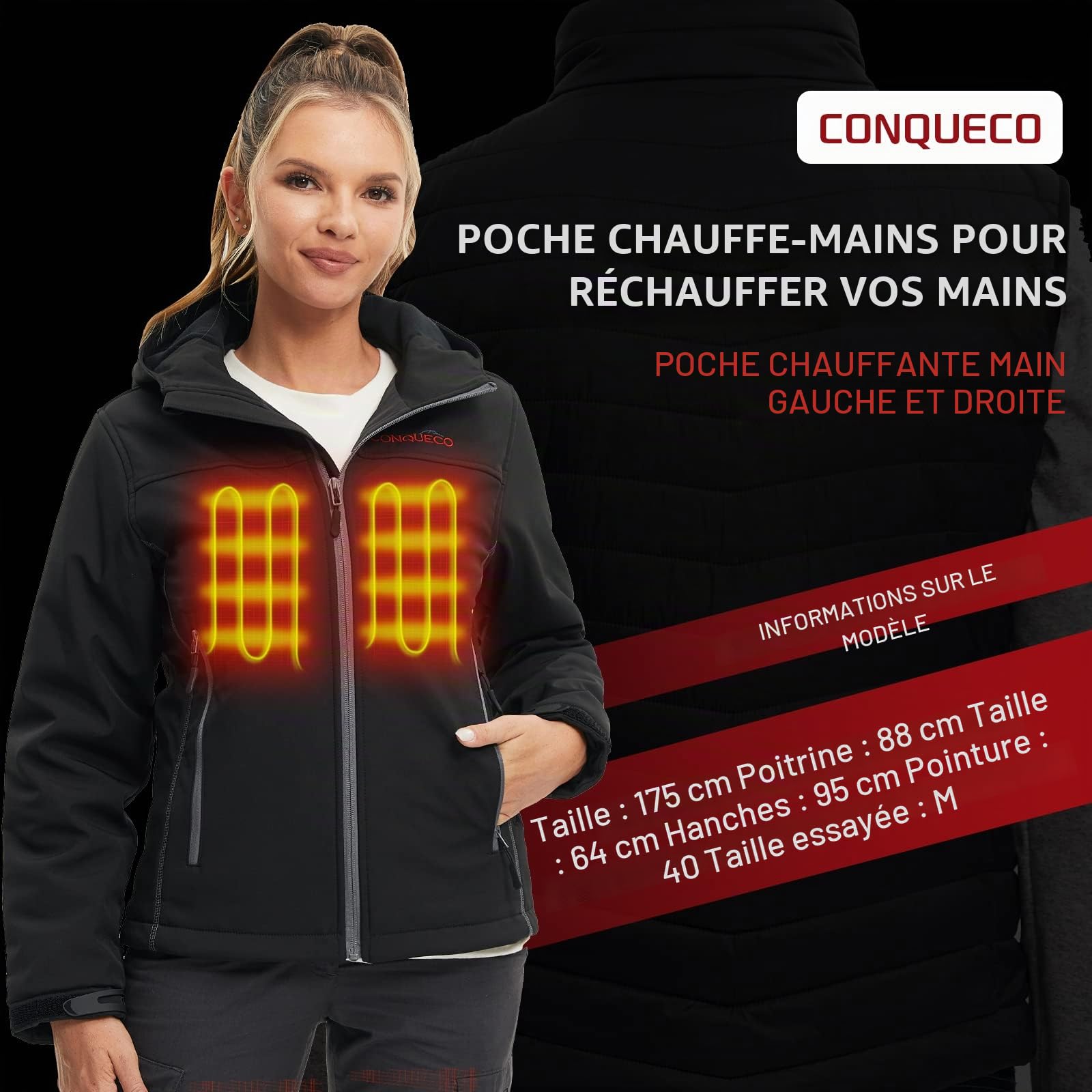 CONQUECO Femme Chauffante Veste Chaud Imperméable Résistant avec Batterie pour Usage Quotidien en Hiver (M, Noir)