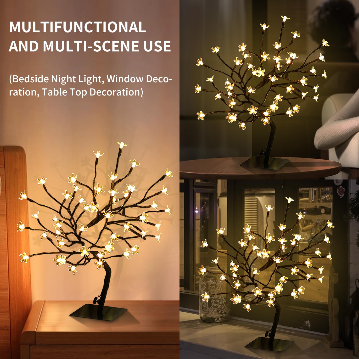 JoyHue 2PK Cherry Blossom Tree Lights,Artificial Bonsai Tree with 48 Warm White Led Lights, 16.2 Inch Prelit Cherry Blossom Lamp for Christmas Party Wedding Gift Home Tabletop Decoration
