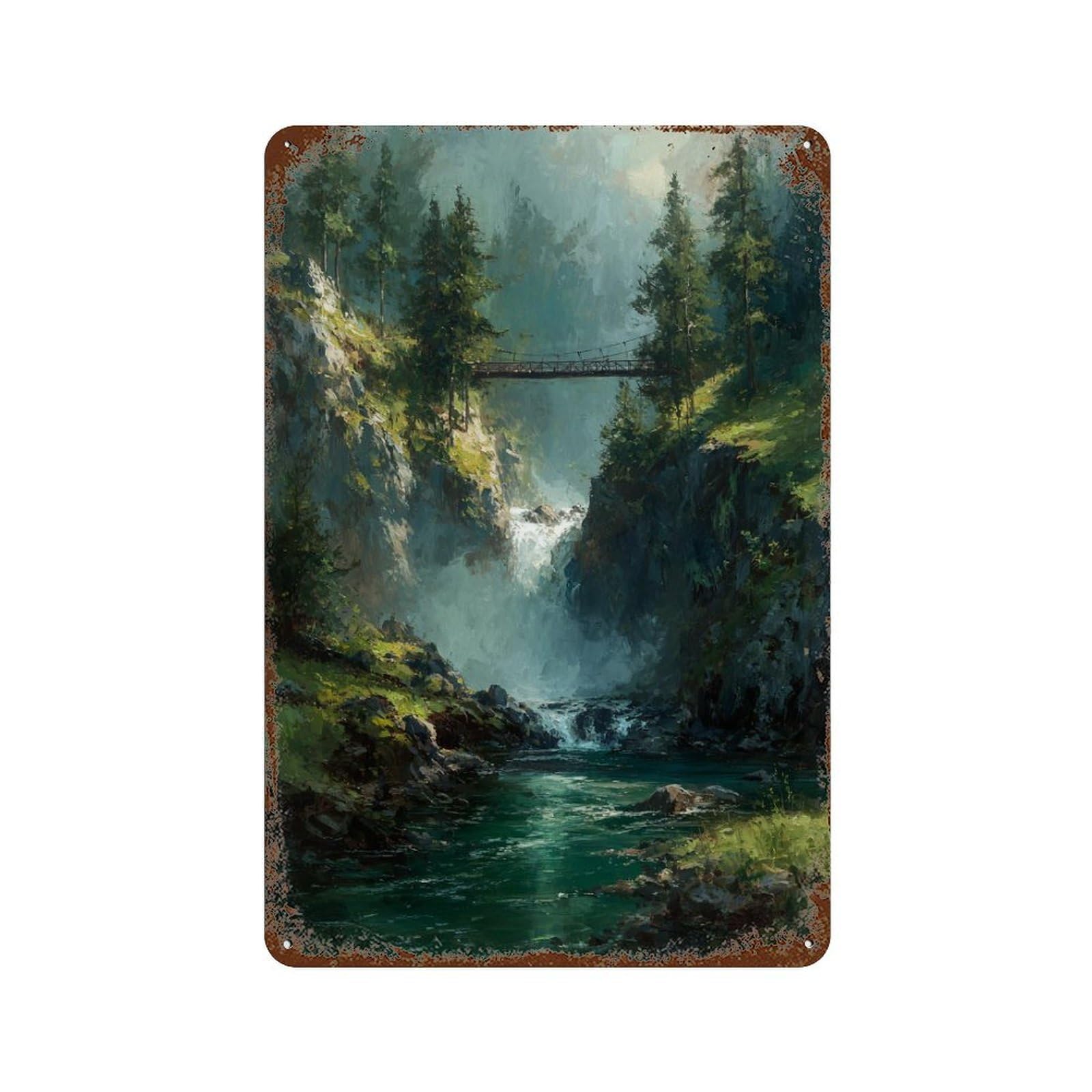 Forest Waterfall Bridge Scene Decorative Tin Sign 11.8"x7.9", Vintage Wall Decor for Basement, Hobby Room And Garage Decor