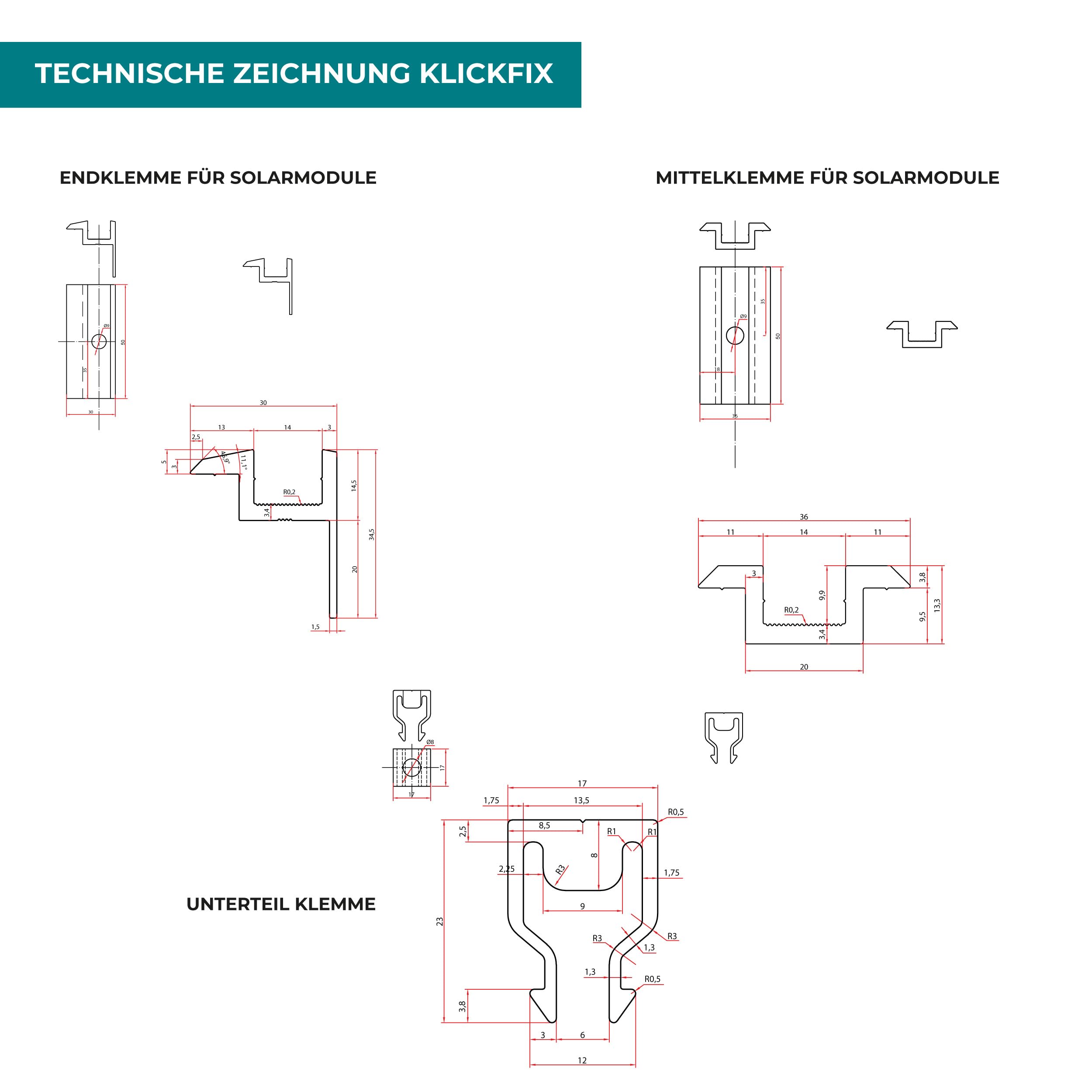 DoitBau - 10x Klickfix Solar Mittelklemme 30mm - 40mm Schwarz | Befestigungen für Solarmodule | Solarmodul Halterung 30mm | Modulklemmen Solar | Mittelklemme PV
