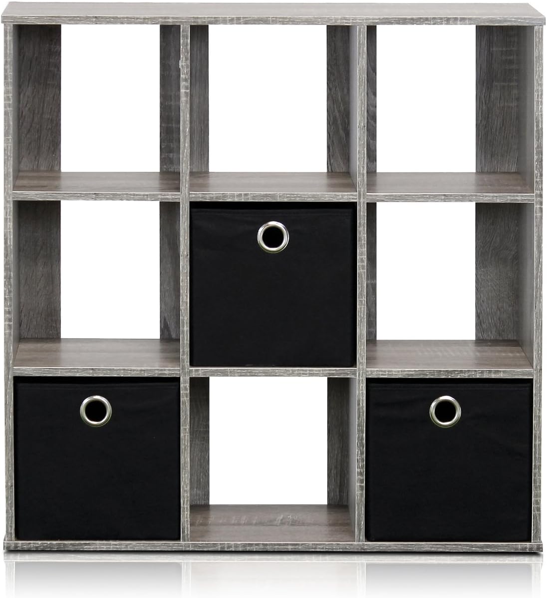 Furinno Simplistic 9-Cube Organizer with Bins, Small Size (Assembled unit dimensions : 7.9"D x 26.5"W x 26.7"H inches), French Oak/Black Grey/Black 9-Cube with Bin