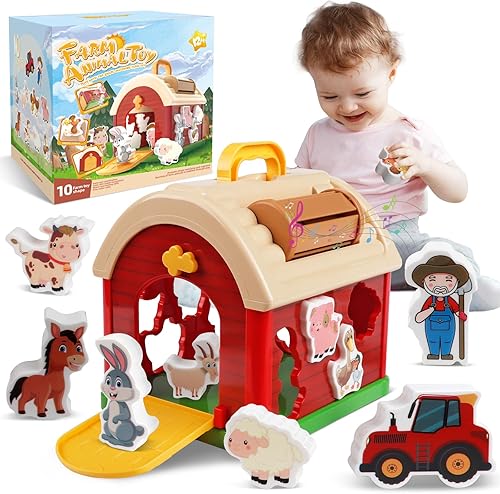 Wuzhineisn Juguetes de animales de granja para niños pequeños de 1, 2 y 3 años, juguetes Montessori para bebés, clasificación en forma de granero,