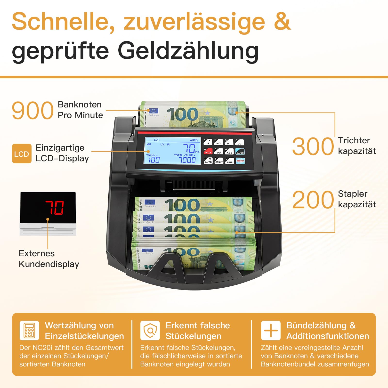 Banknotenzähler mit Falschgeld-Detektor, Geldzählmaschine, UV/MG/IR/MT Erkennung, Batch & Add & Wertzählung, LCD-Display, >900 Scheine/min, EU-Unterstützt Mehrere Währungen, Schwar