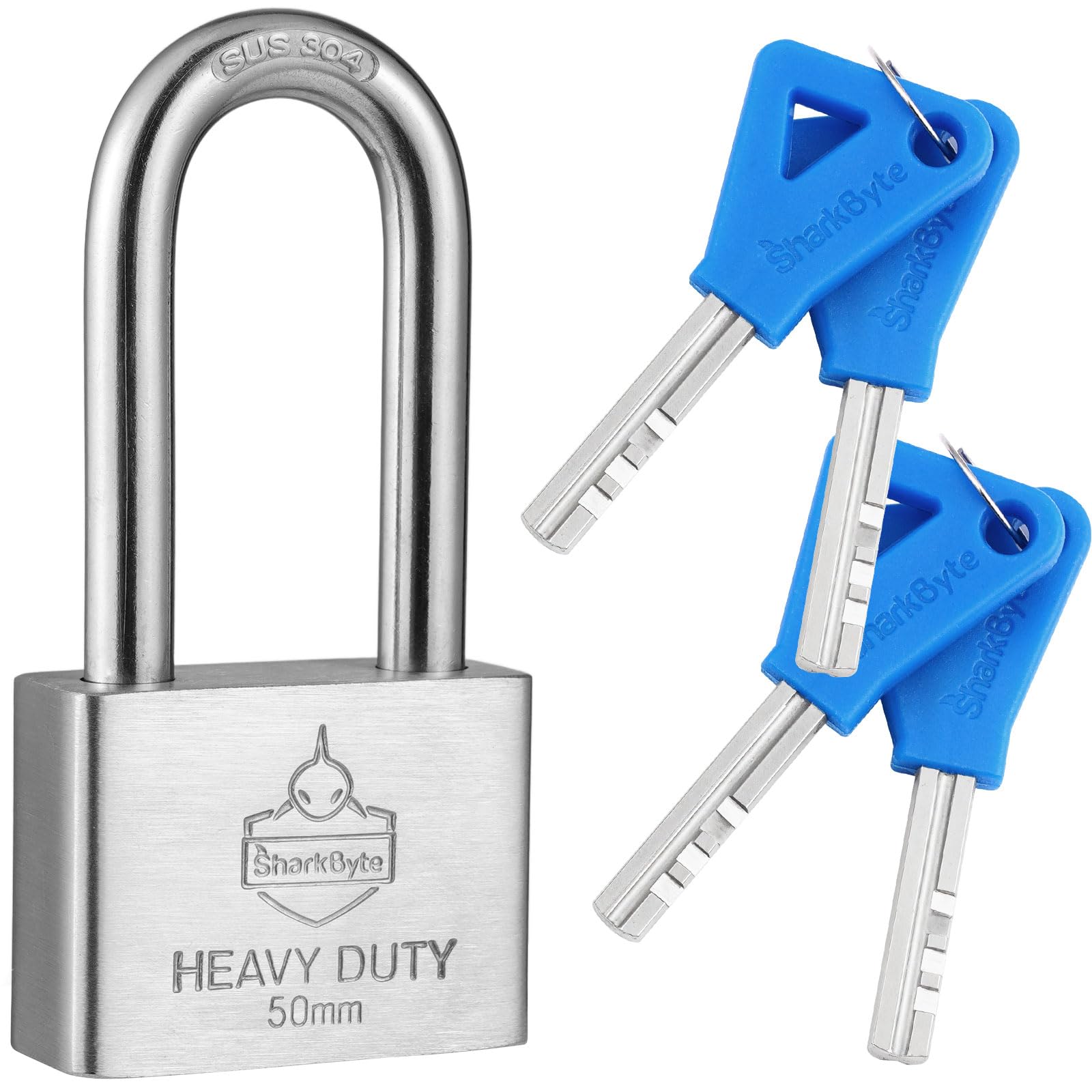 Sharkbyte [Never Rust] Heavy Duty Stainless Steel Long Shackle Padlock [50Mm] Outdoor Waterproof Lock With 4 Keys, Hardened Steel Body & Mechanism, Anti-Corrosion Security For Gates, Containers, Sheds