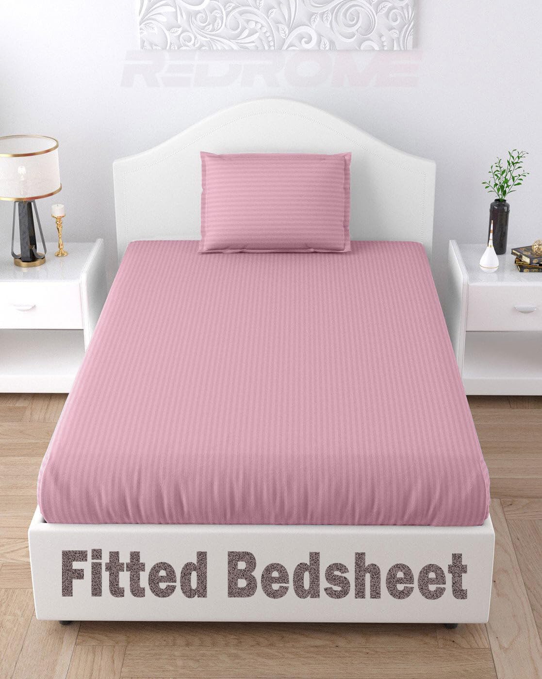 Cotton 78X36 Inch Single Fitted Satin Stripe Elastic Fitted Bedsheet|Single Bed Size Daily Use Fitted Bedspread with 1 Pillow Covers(78"X36"|6.5X3 Feet,Baby Pink)-image-2