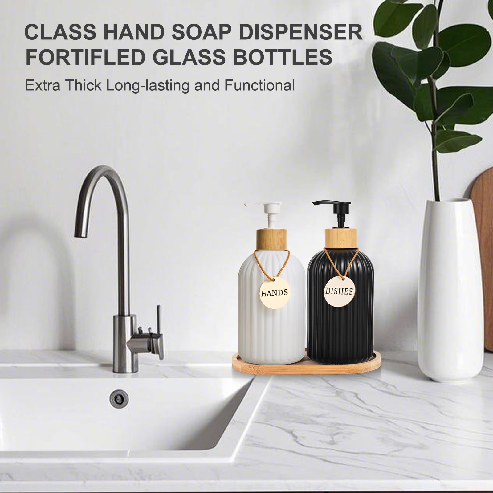 Dispenser di sapone per le mani in vetro con pompa in bambù, elegante dispenser di sapone liquido ricaricabile con vassoio, perfetto per cucina e bagno