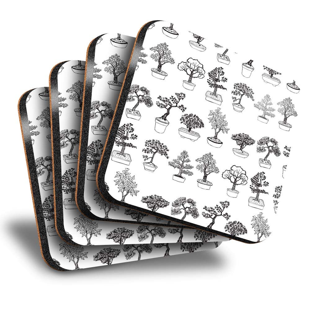 Destination Vinyl Ltd Great Coasters (Set of 4) Square - Japanese Bonsai Tree Drawing Drink Glossy Coasters/Tabletop Protection for Any Table Type #3110